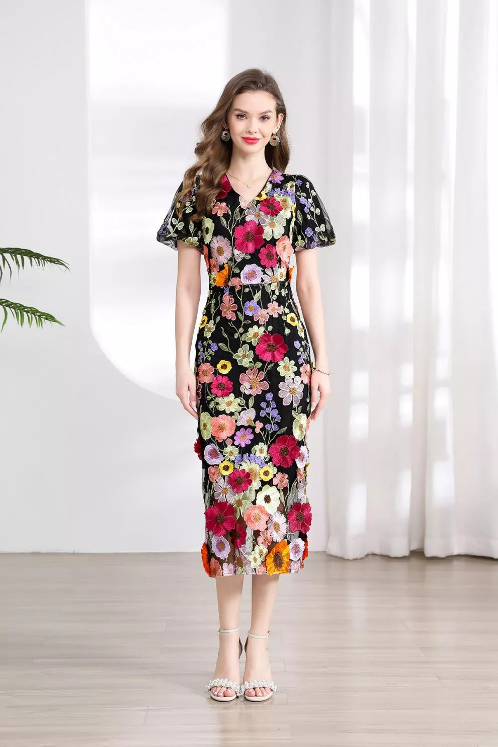 Floral Embroidered Puff Sleeve Midi Dress