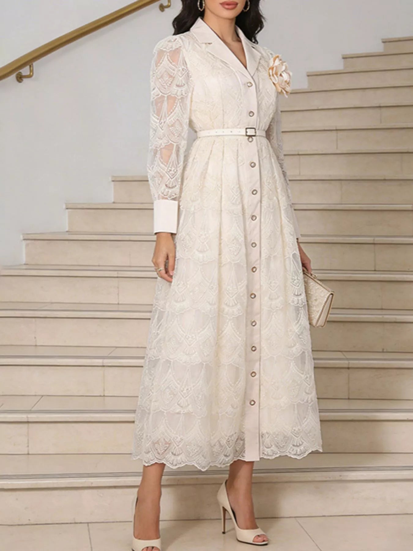 Lace Button Front Midi Dress