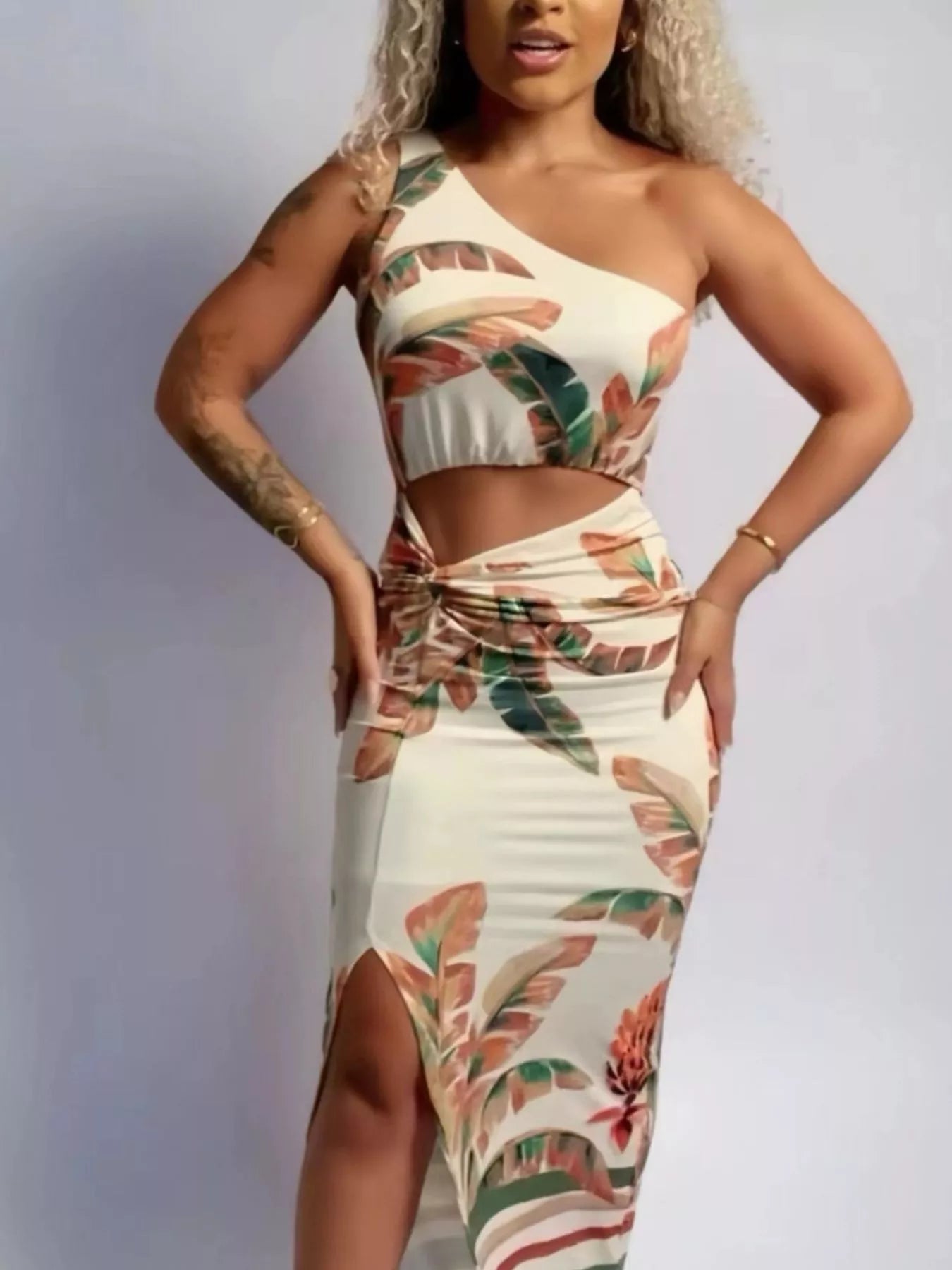 Tropical Print One-Shoulder Cut-Out Maxi Dress