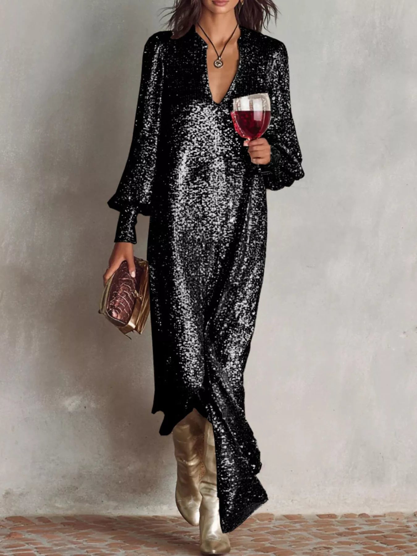 Sequin Notched Lantern Sleeve Maxi Dress