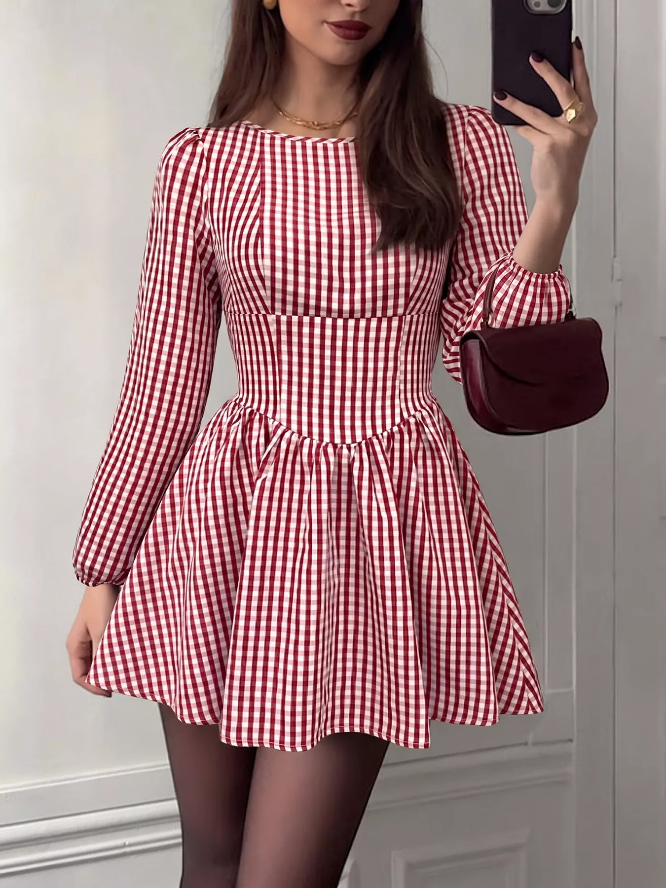 Backless Plaid Long Sleeve Dress