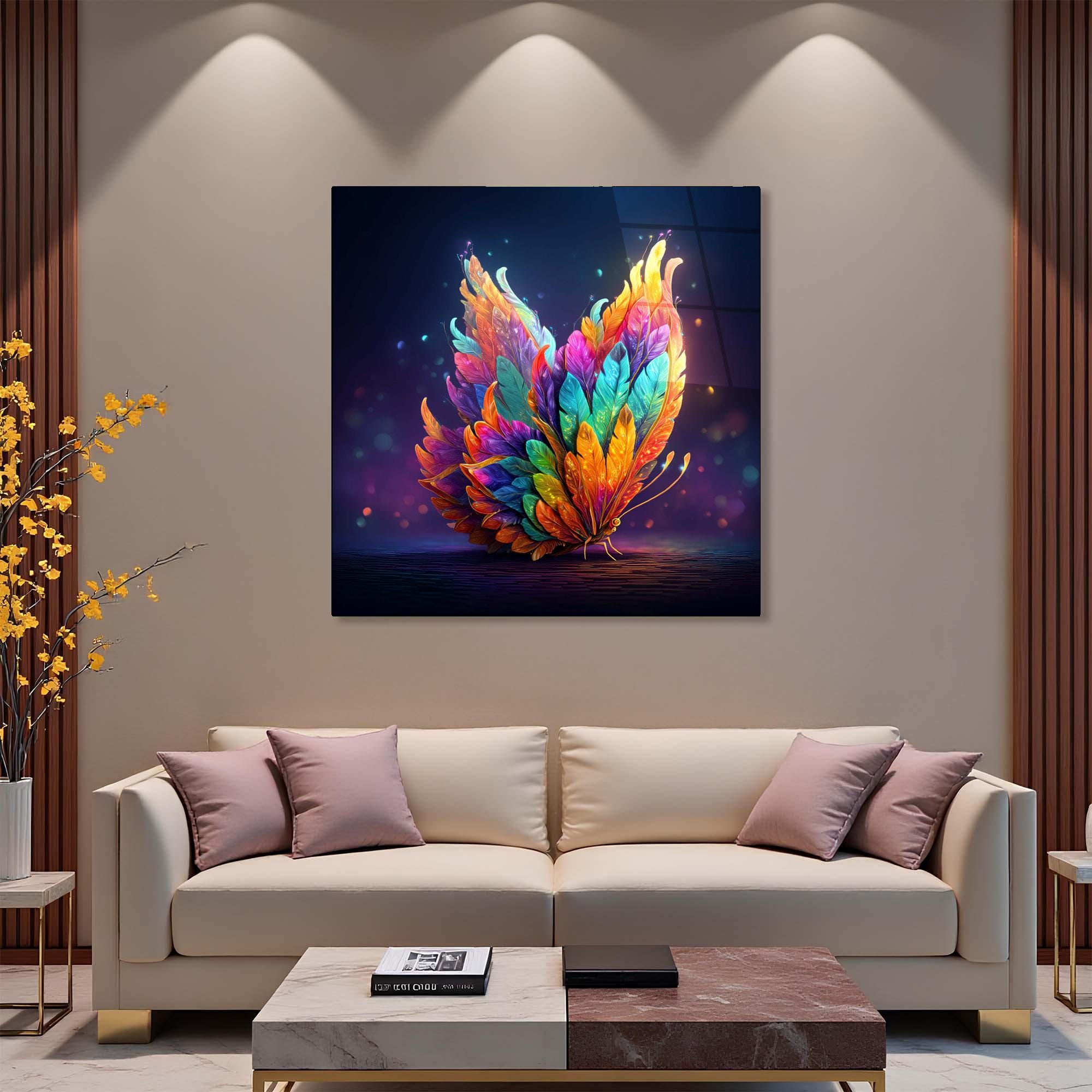 Feather Butterfly Tempered Glass Wall Art | Fantasy Office Decor