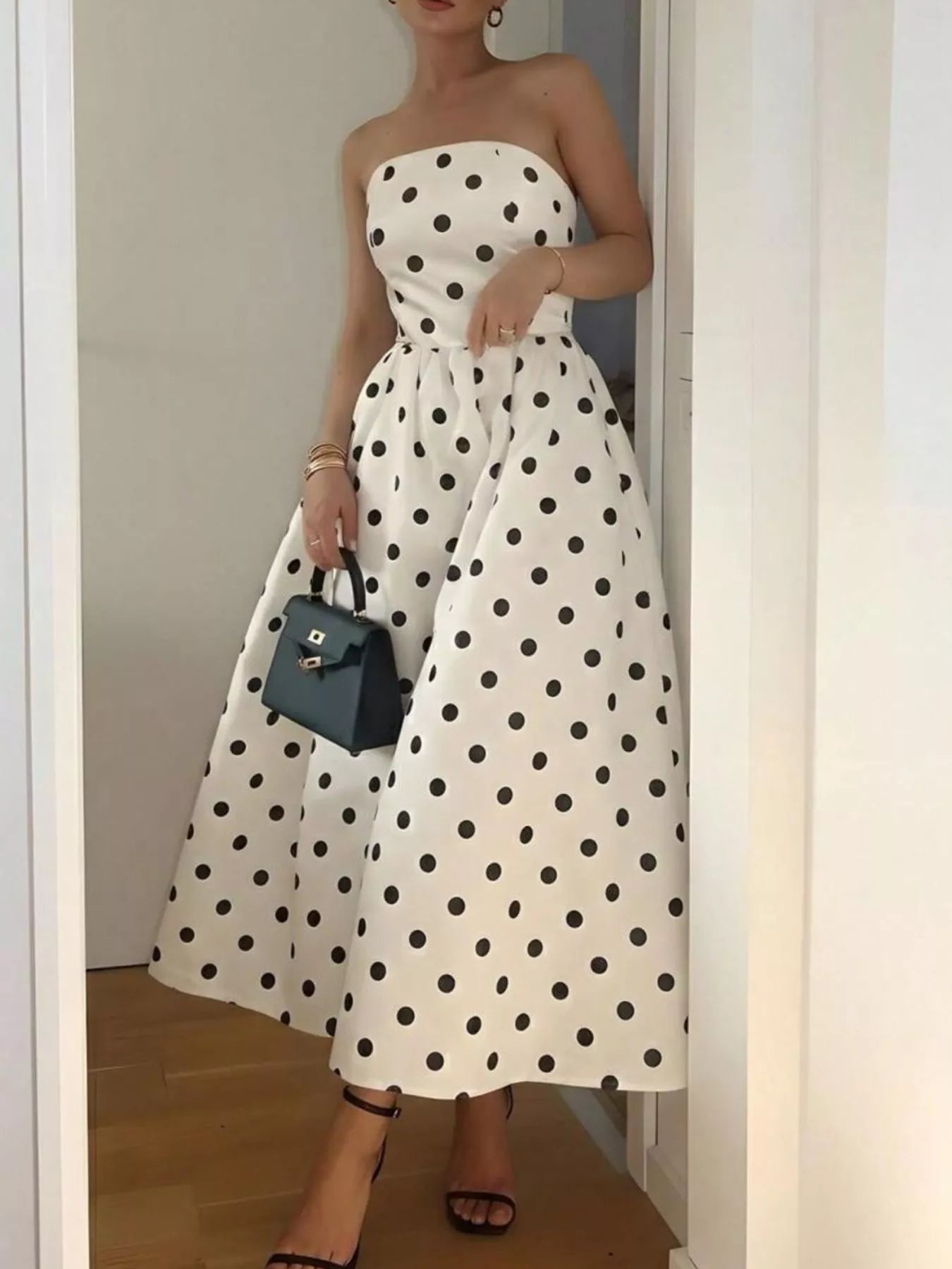 Polka Dot Strapless Midi Dress