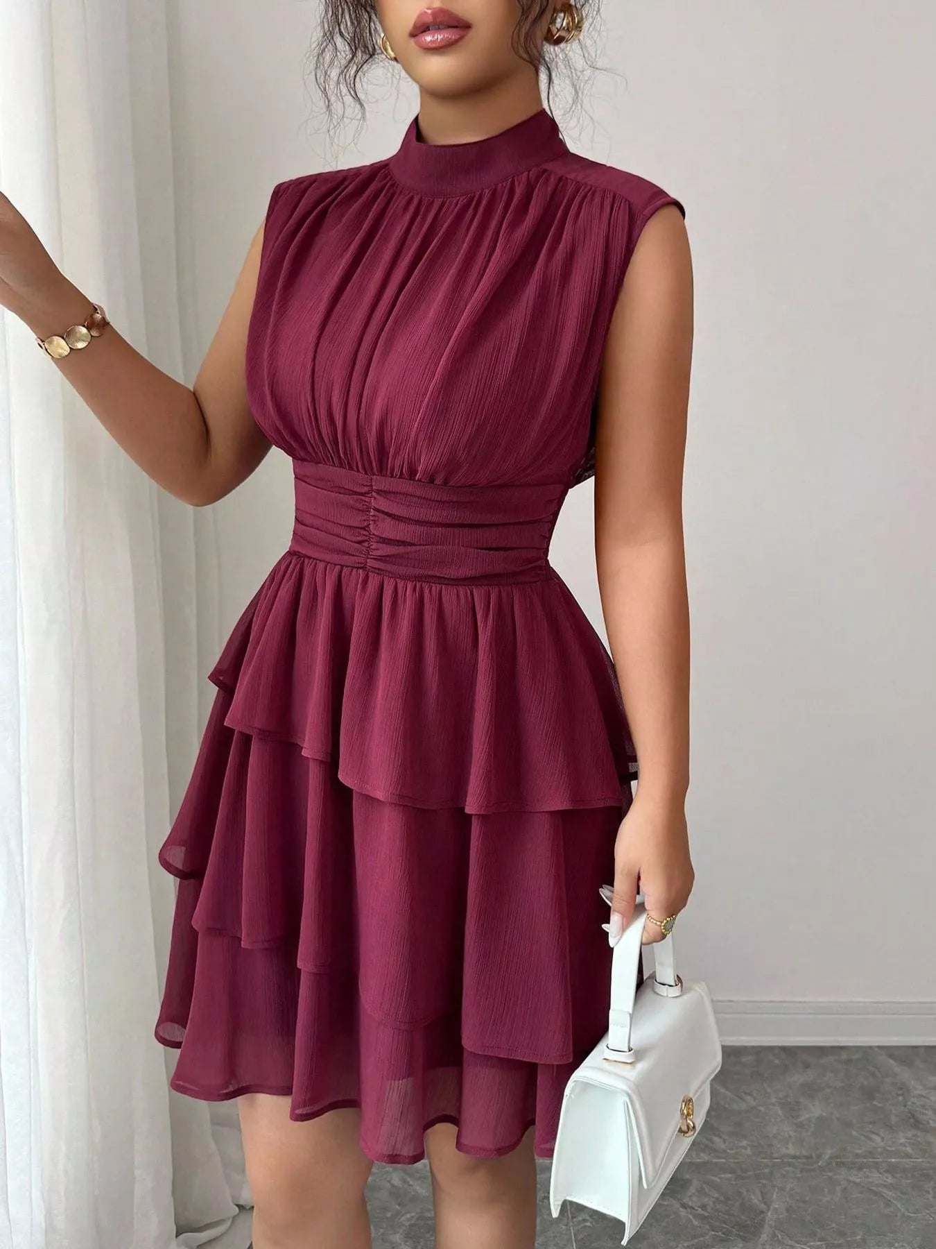 Sleeveless Mock Neck Layered Ruffle Dress
