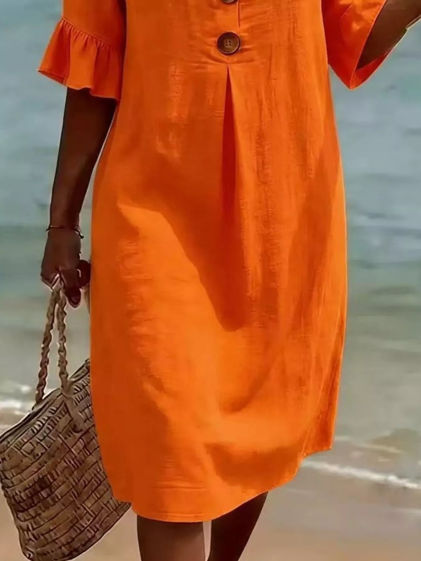 Full Size Button Decor Flounce Sleeve Dress Plus Size