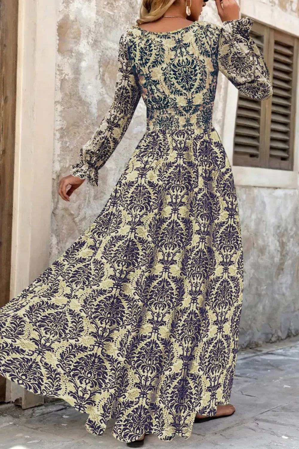Printed V-Neck Long Sleeve Maxi Dress