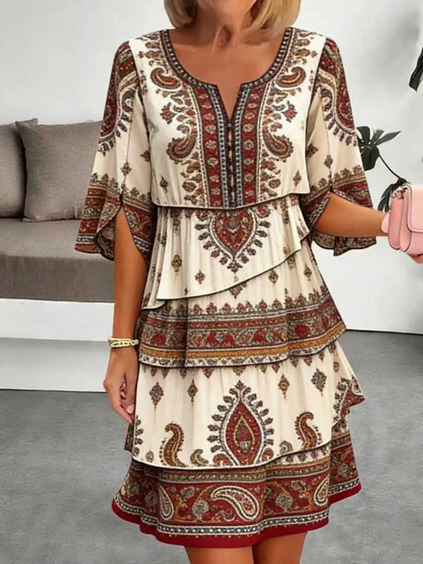 Full Size Printed Notched Ruffled Half Sleeve Dress Plus Size