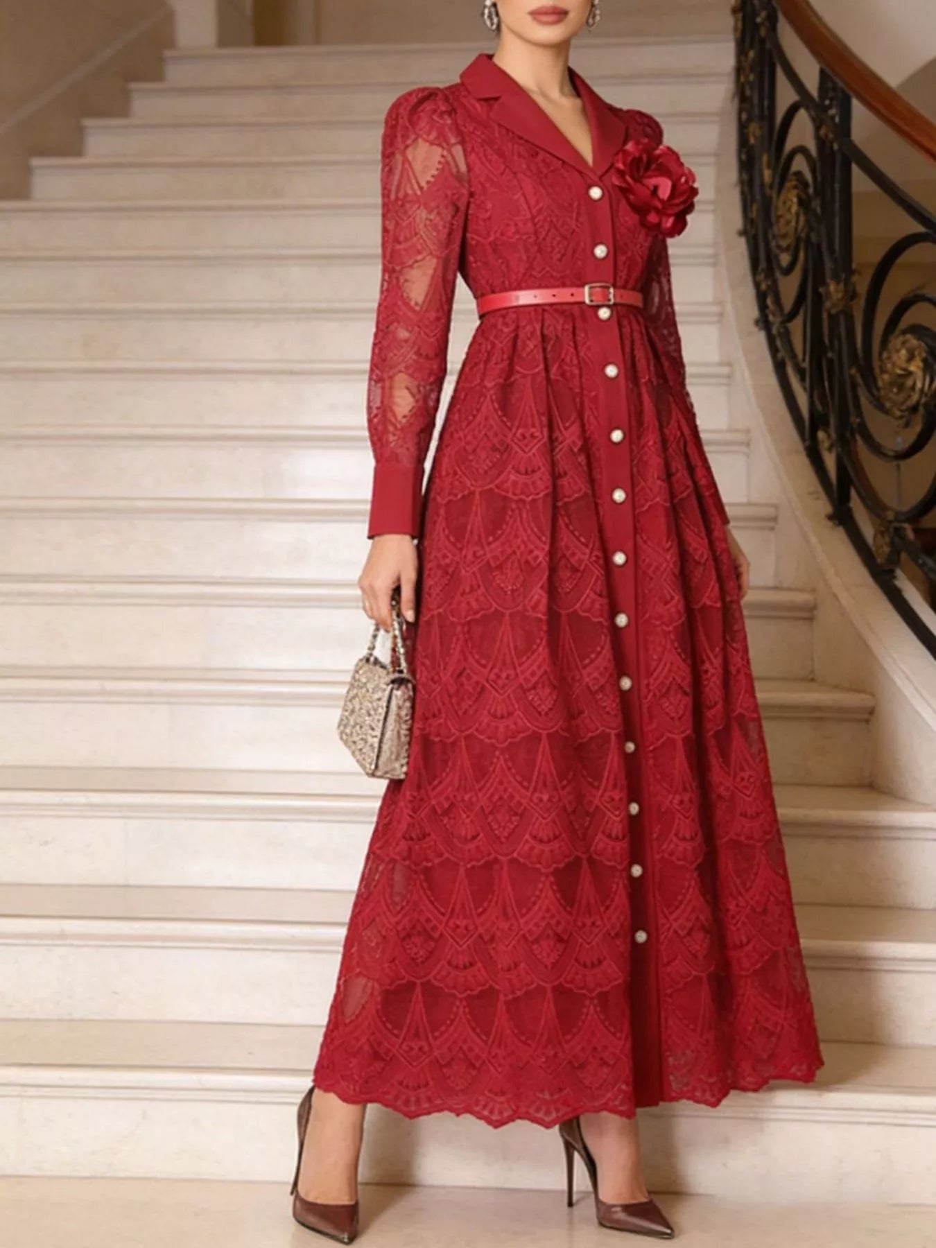 Lace Button Front Midi Dress