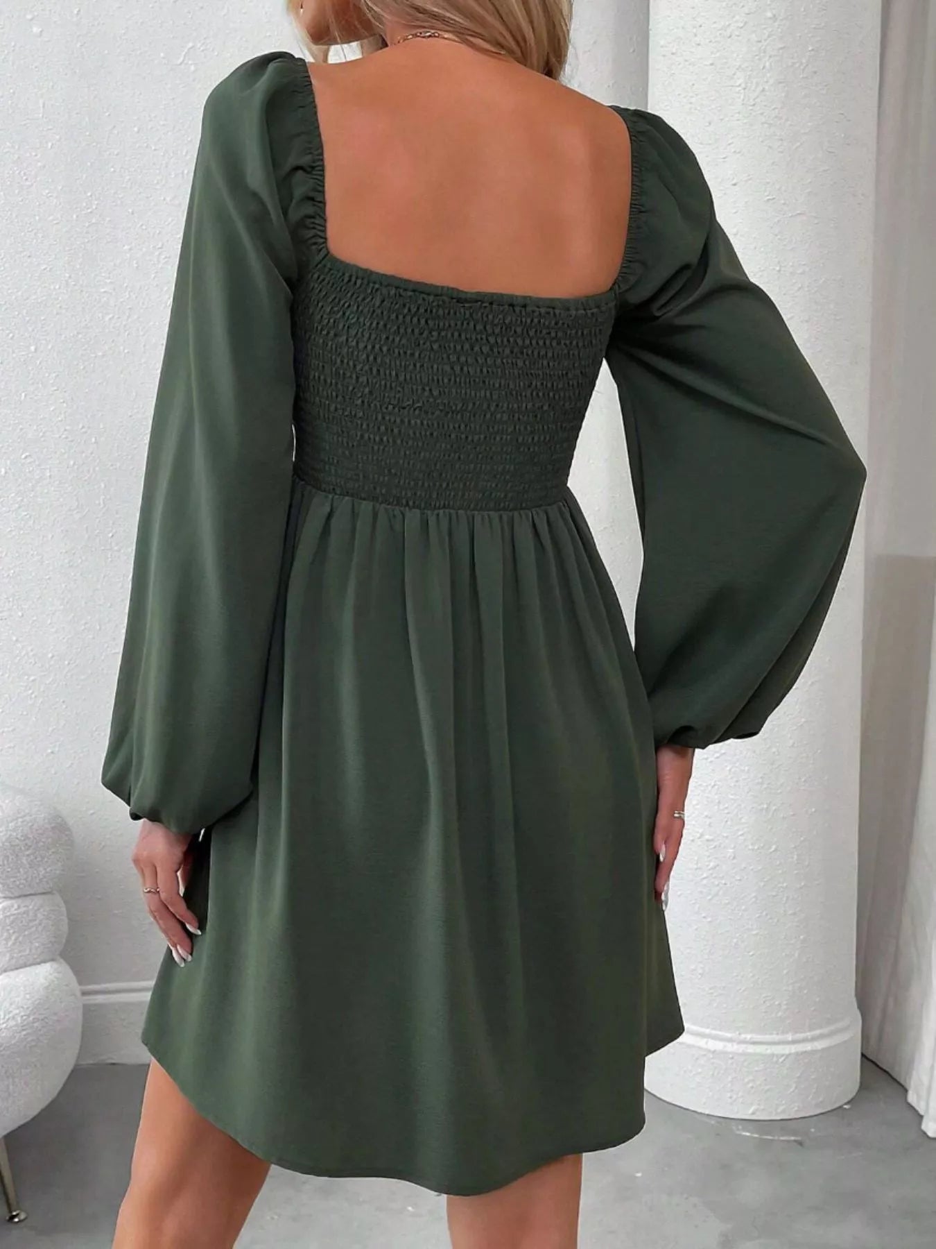 Ruched Square Neck Long Sleeve A-Line Dress