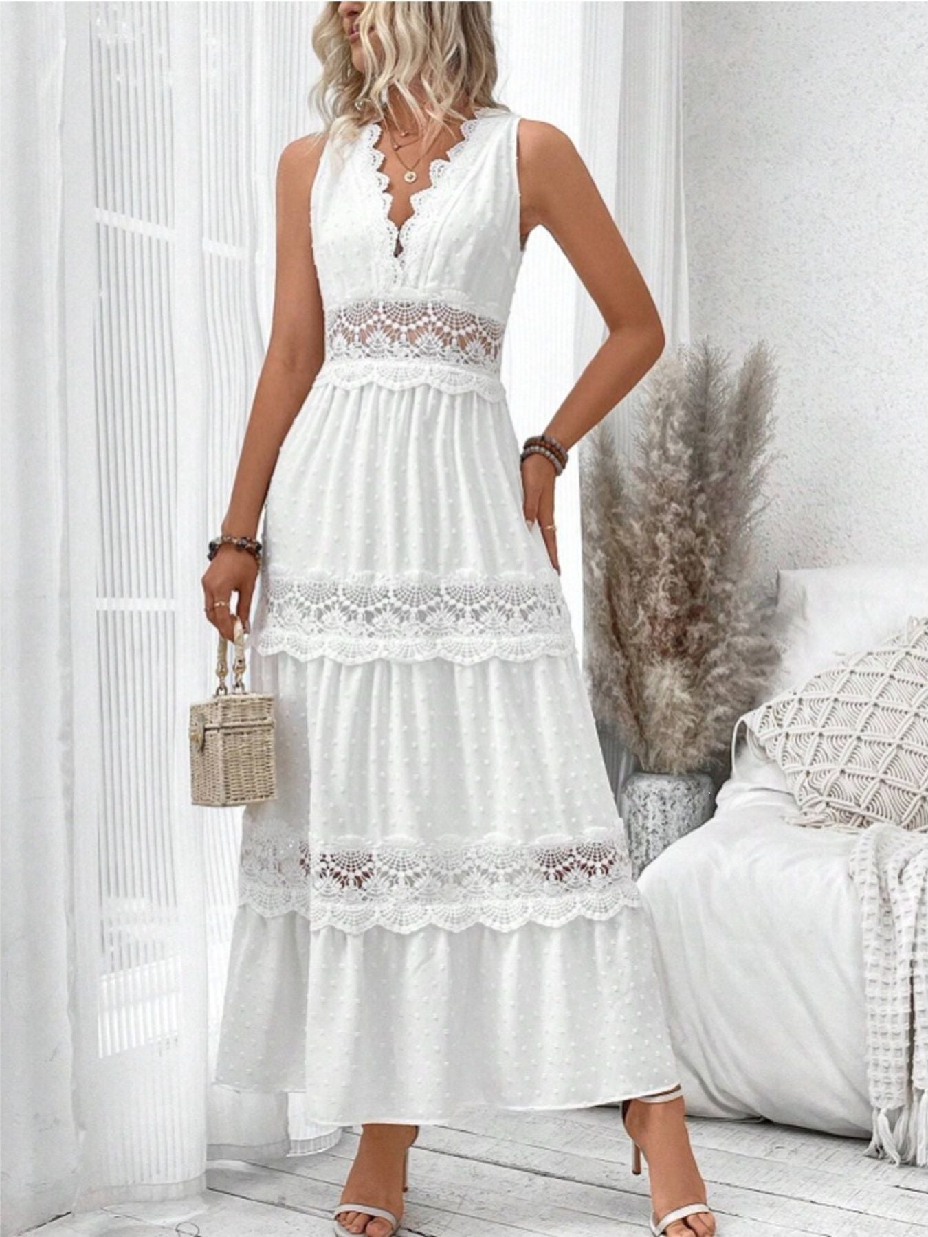 Full Size Lace Tied Swiss Dot Sleeveless Maxi Dress Plus Size