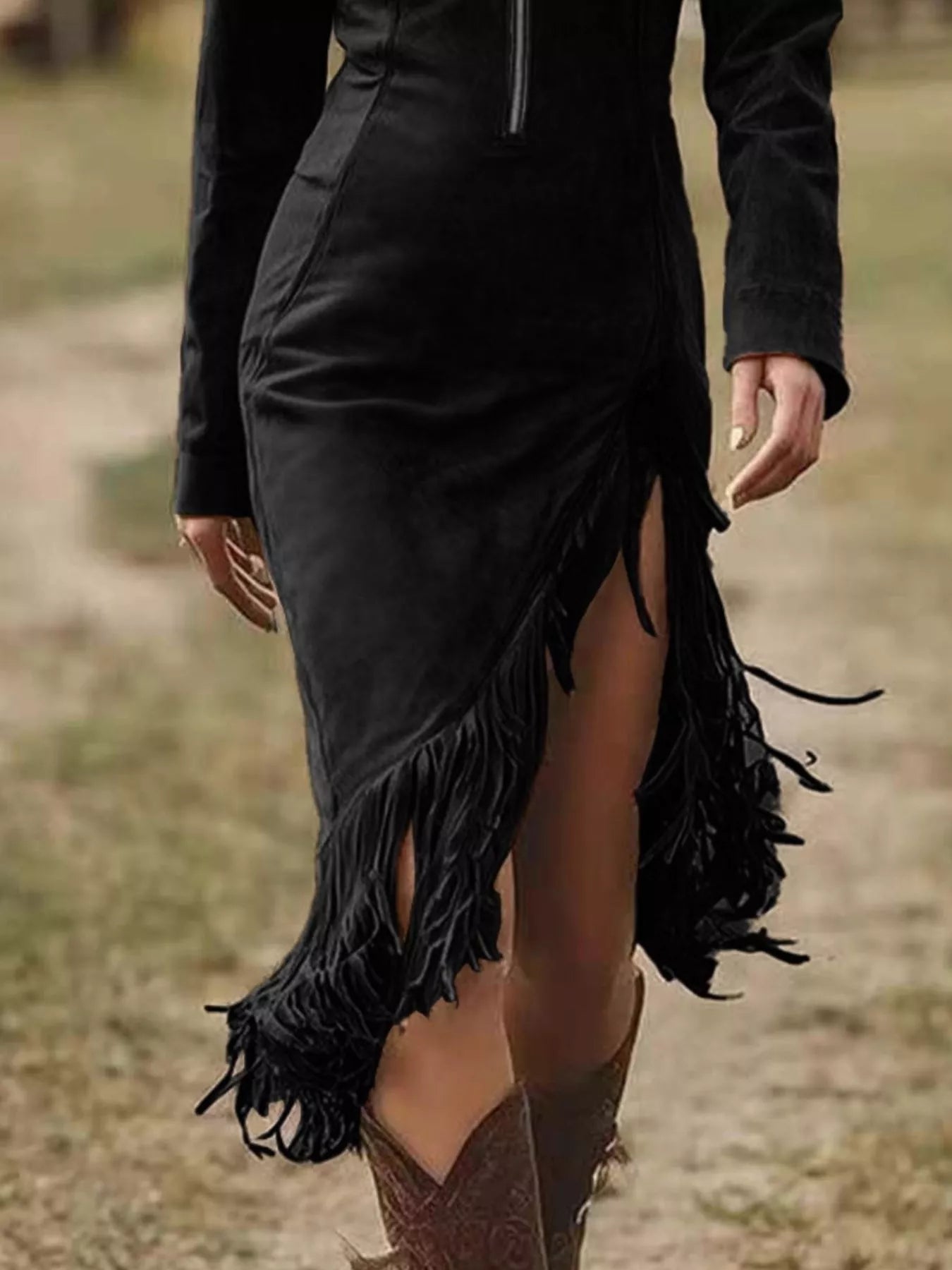 Full Size Fringe Hem Zip Front Bodycon Dress Plus Size