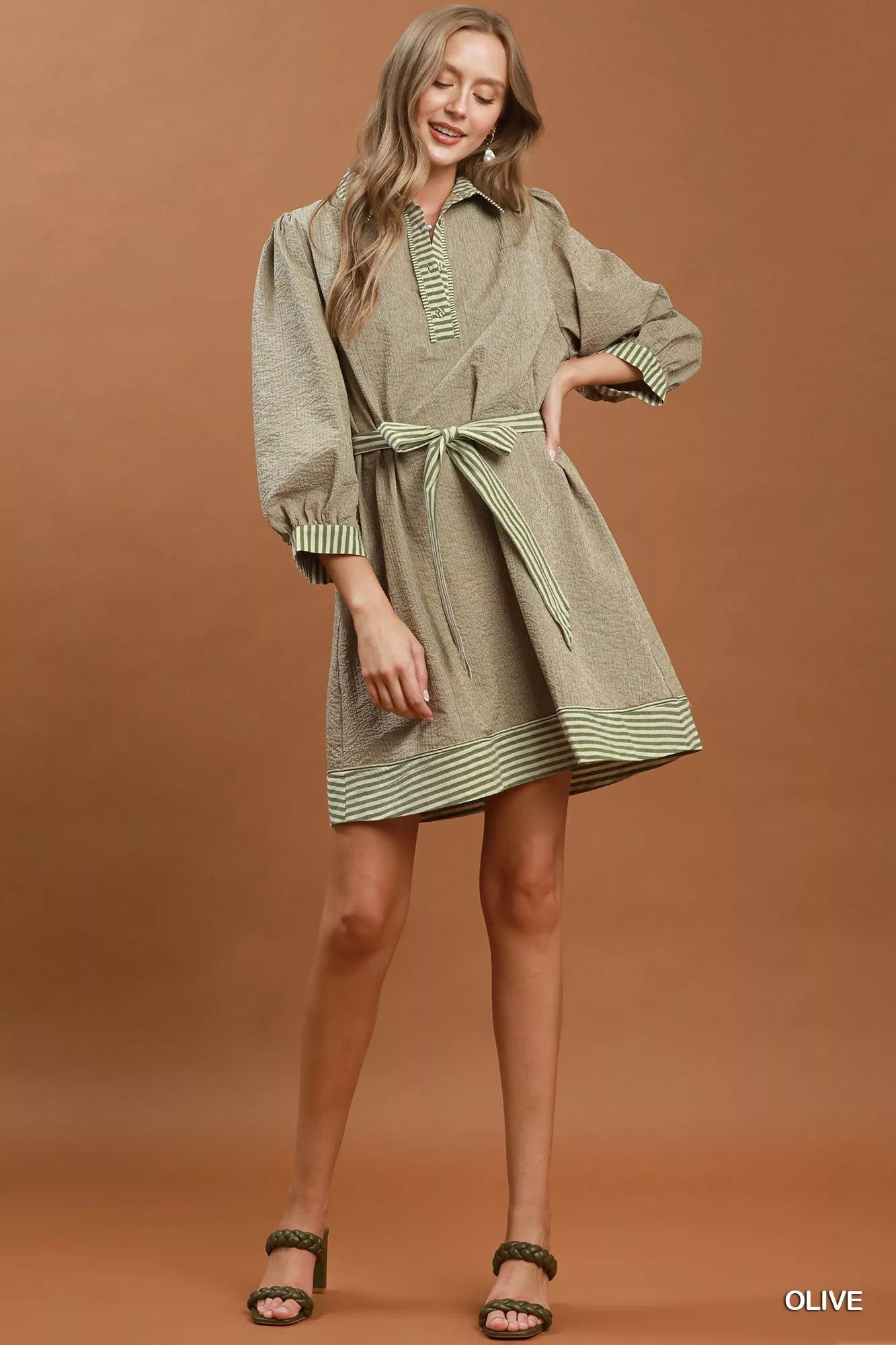 Umgee Striped Contrast Belted Puff Sleeve Mini Dress