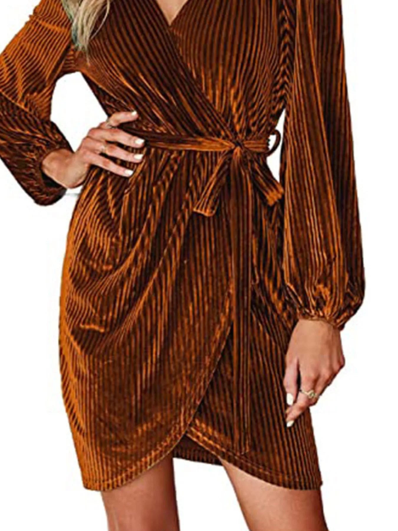 Surplice Long Sleeve Tie Waist Dress