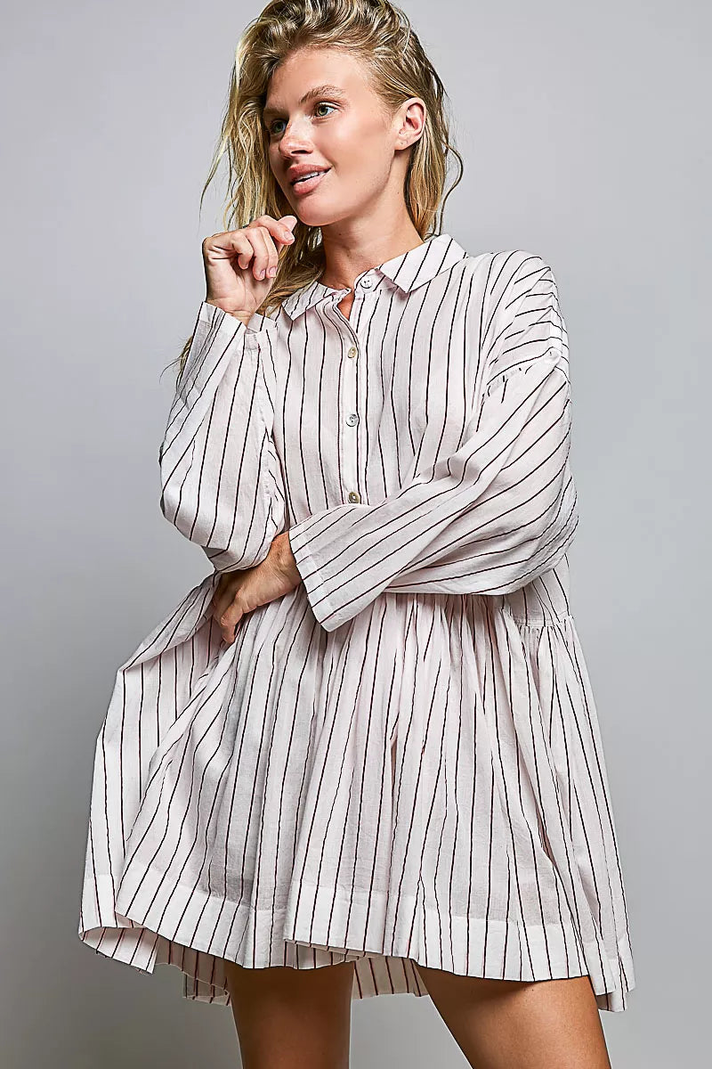 POL Striped Gathered Waist Woven Shirt Dress