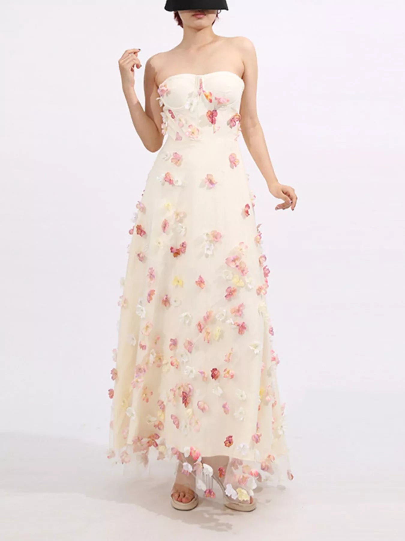 Floral Applique Strapless Tulle Maxi Dress