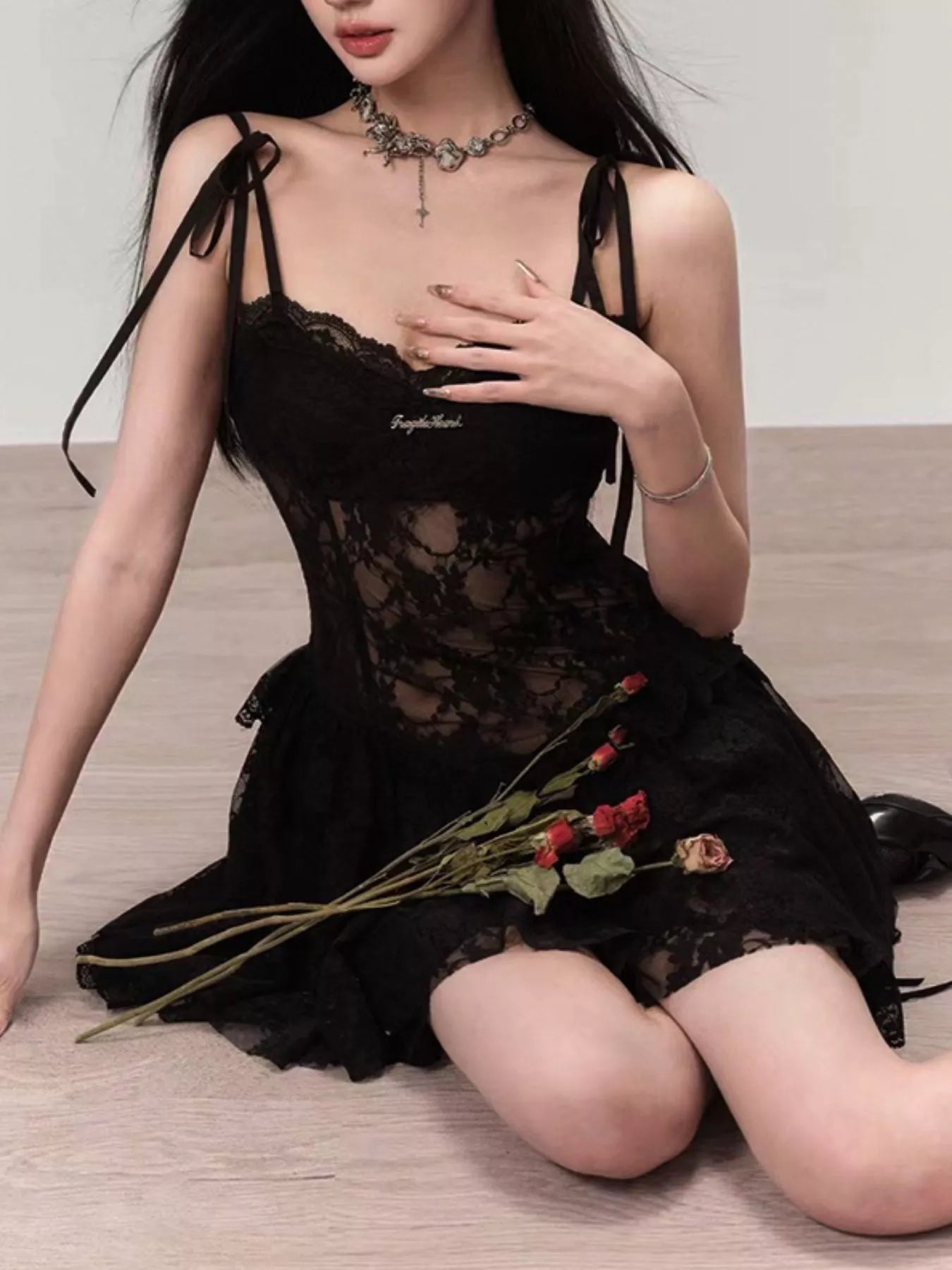 Lace Tie Shoulder Mini Dress