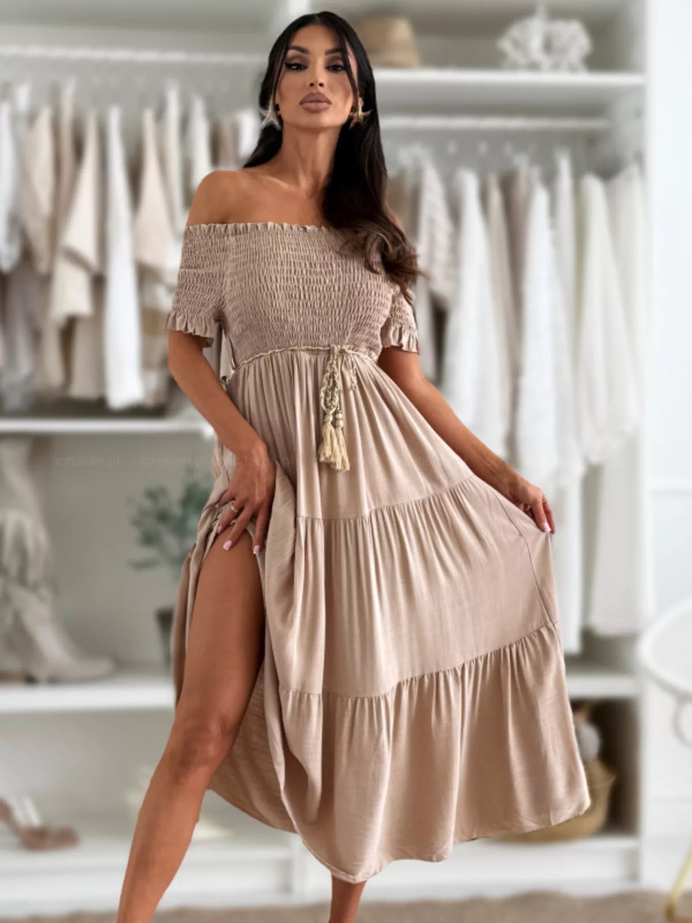 Off Shoulder Smocked Tiered Midi Dress