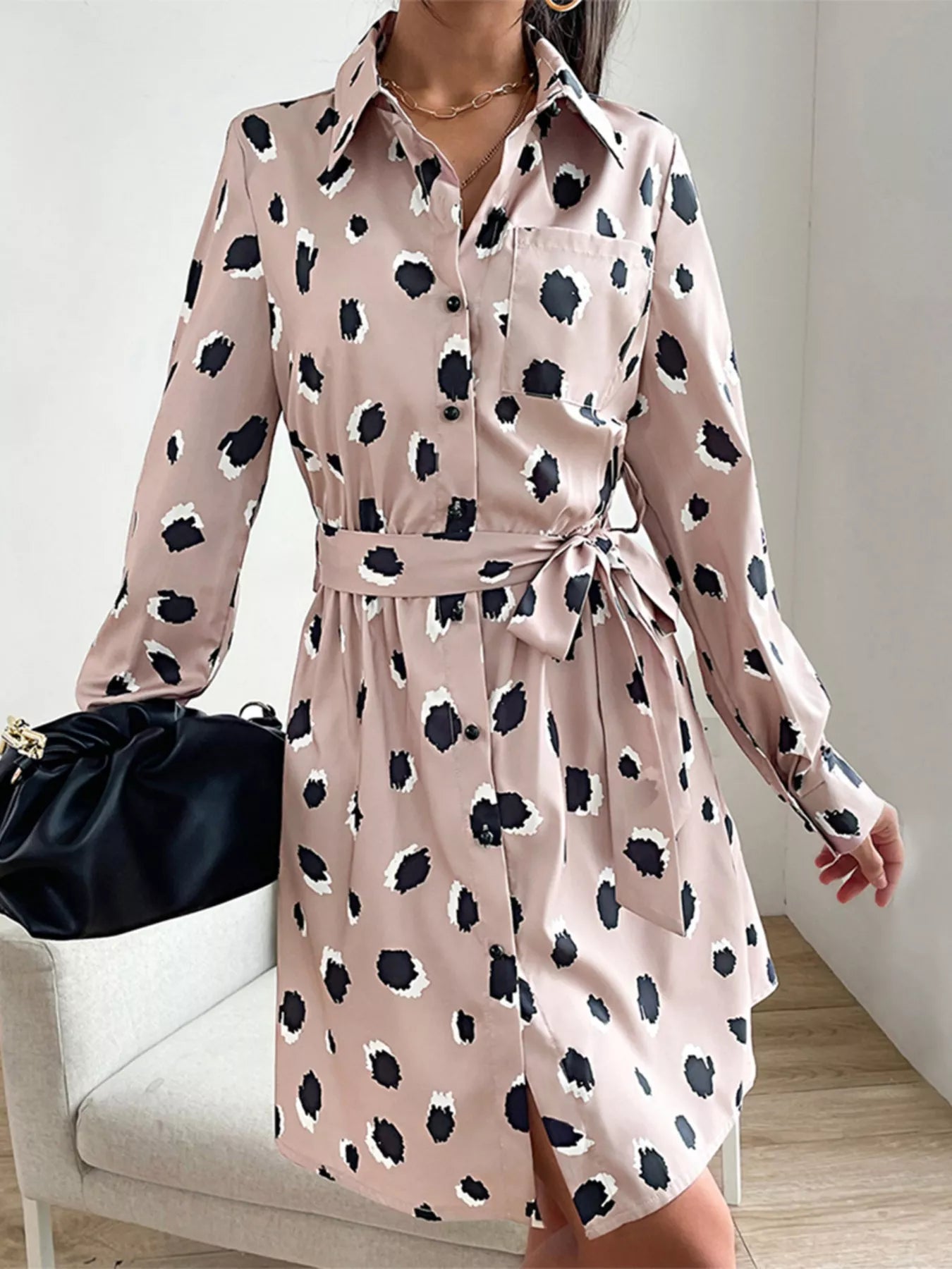Printed Long Sleeve Mini Shirt Dress