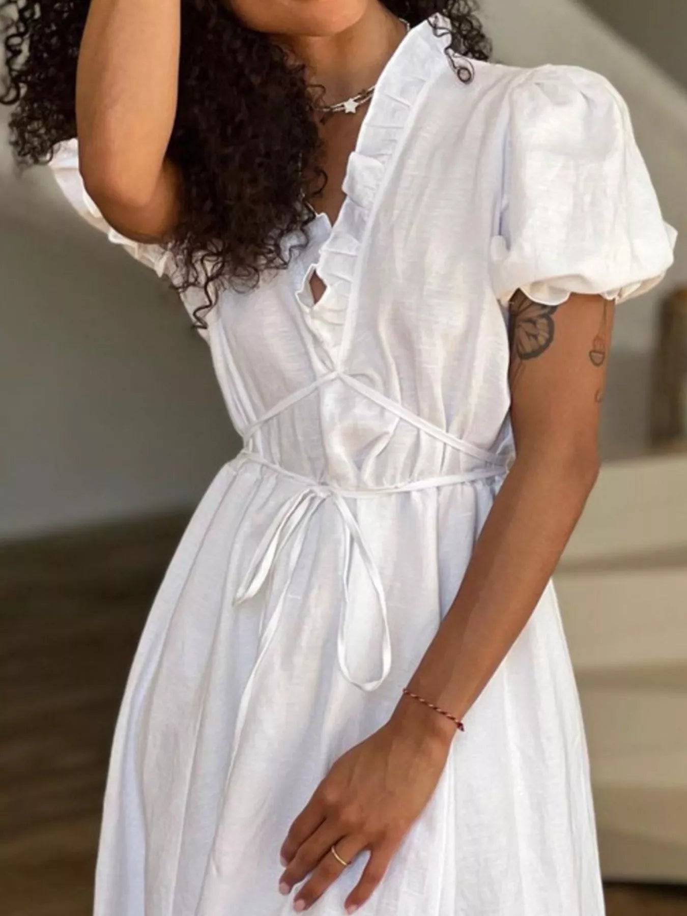 Tie Waist Puff Sleeve Maxi Dress