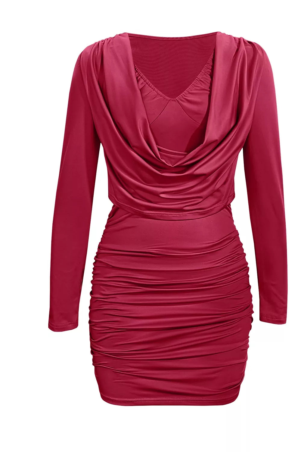 Ruched Cowl Neck Long Sleeve Mini Dress