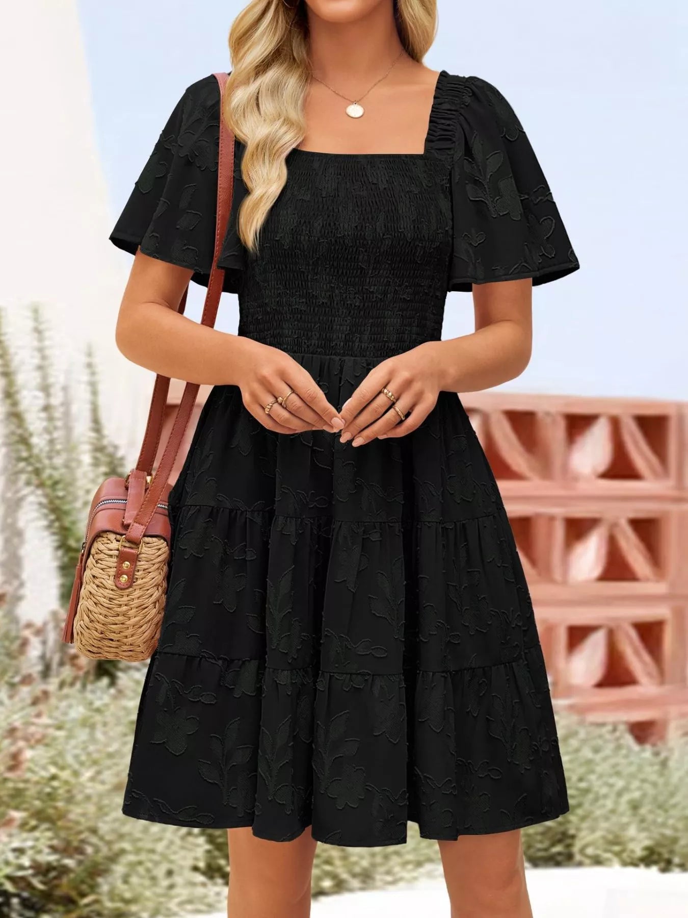 Smocked Square Neck Tiered Mini Dress