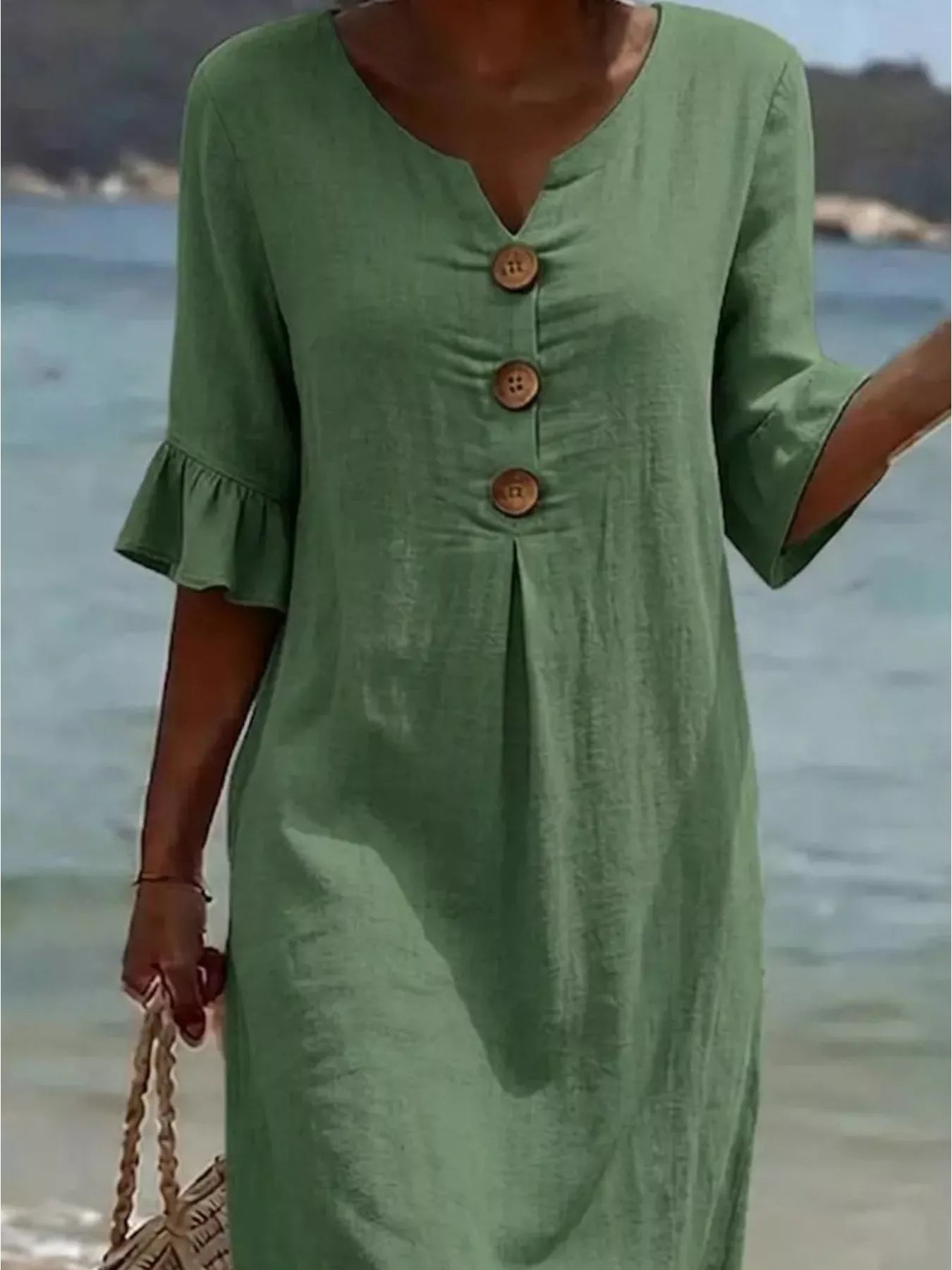 Full Size Button Decor Flounce Sleeve Dress Plus Size
