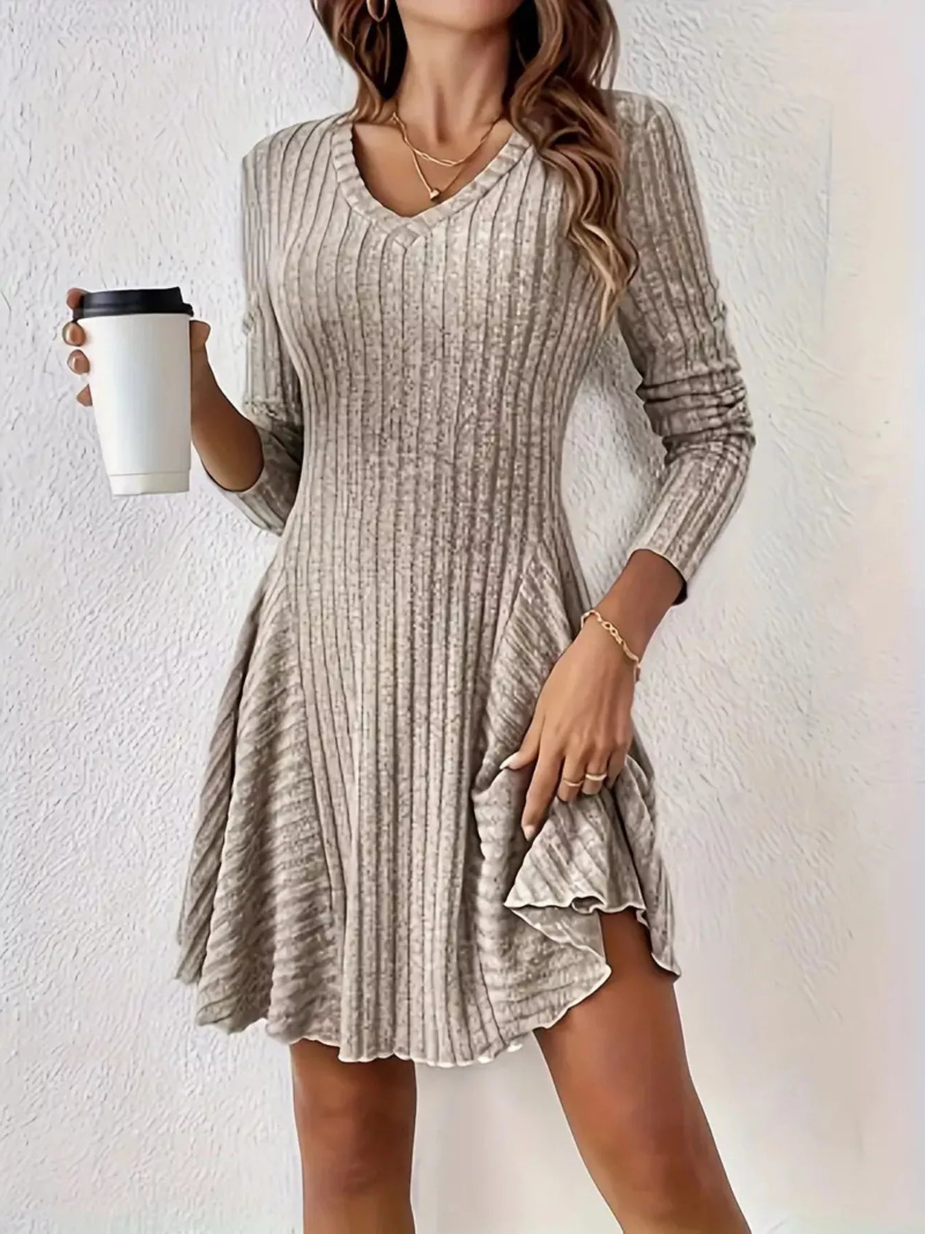 Ribbed Knit Long Sleeve A-Line Dress