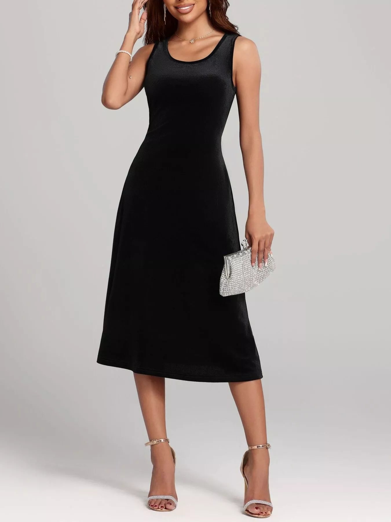 Round Neck Sleeveless Velvet A-Line Midi Dress