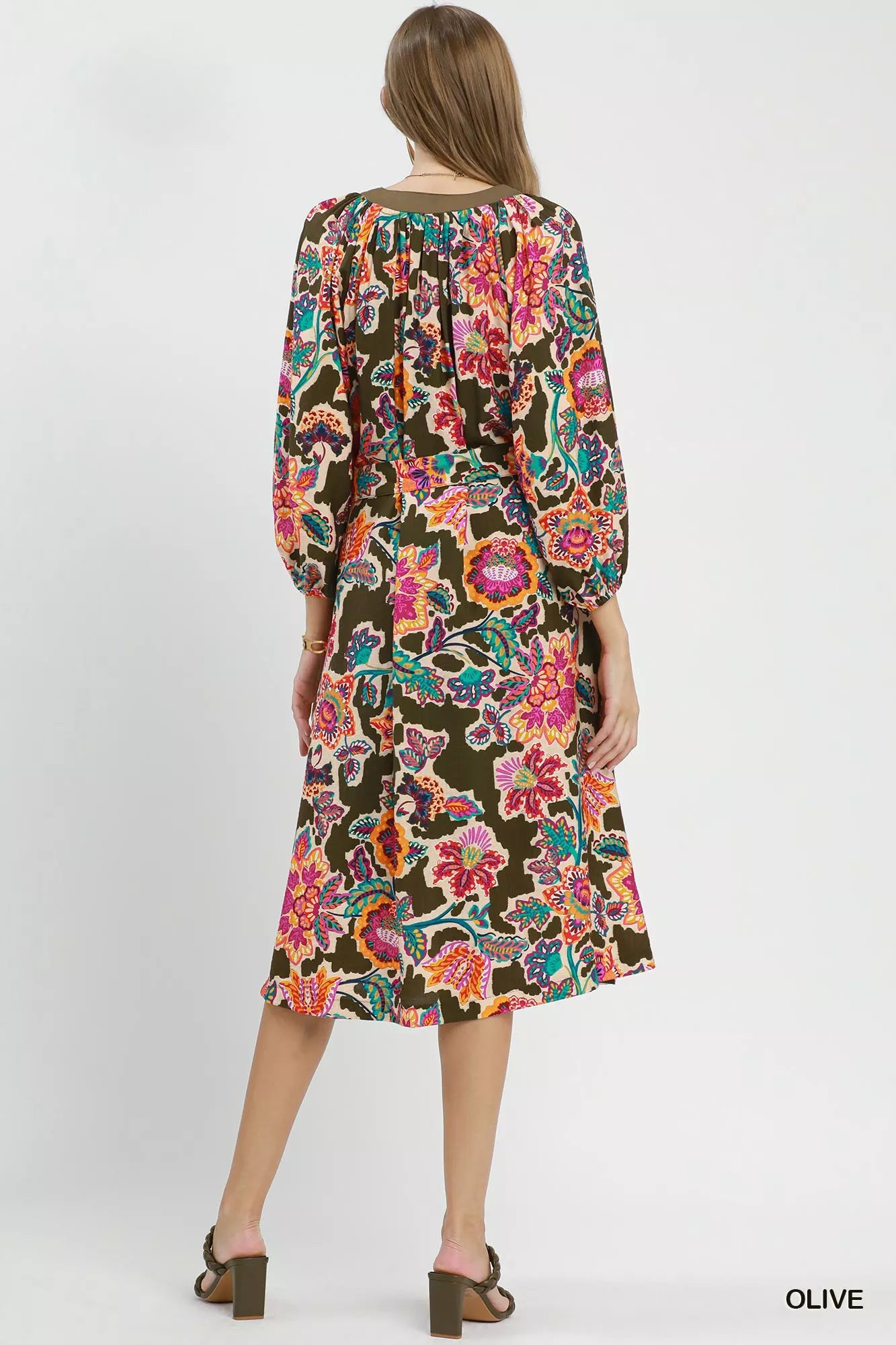 Umgee Abstract Print Embroidered Belted Midi Dress