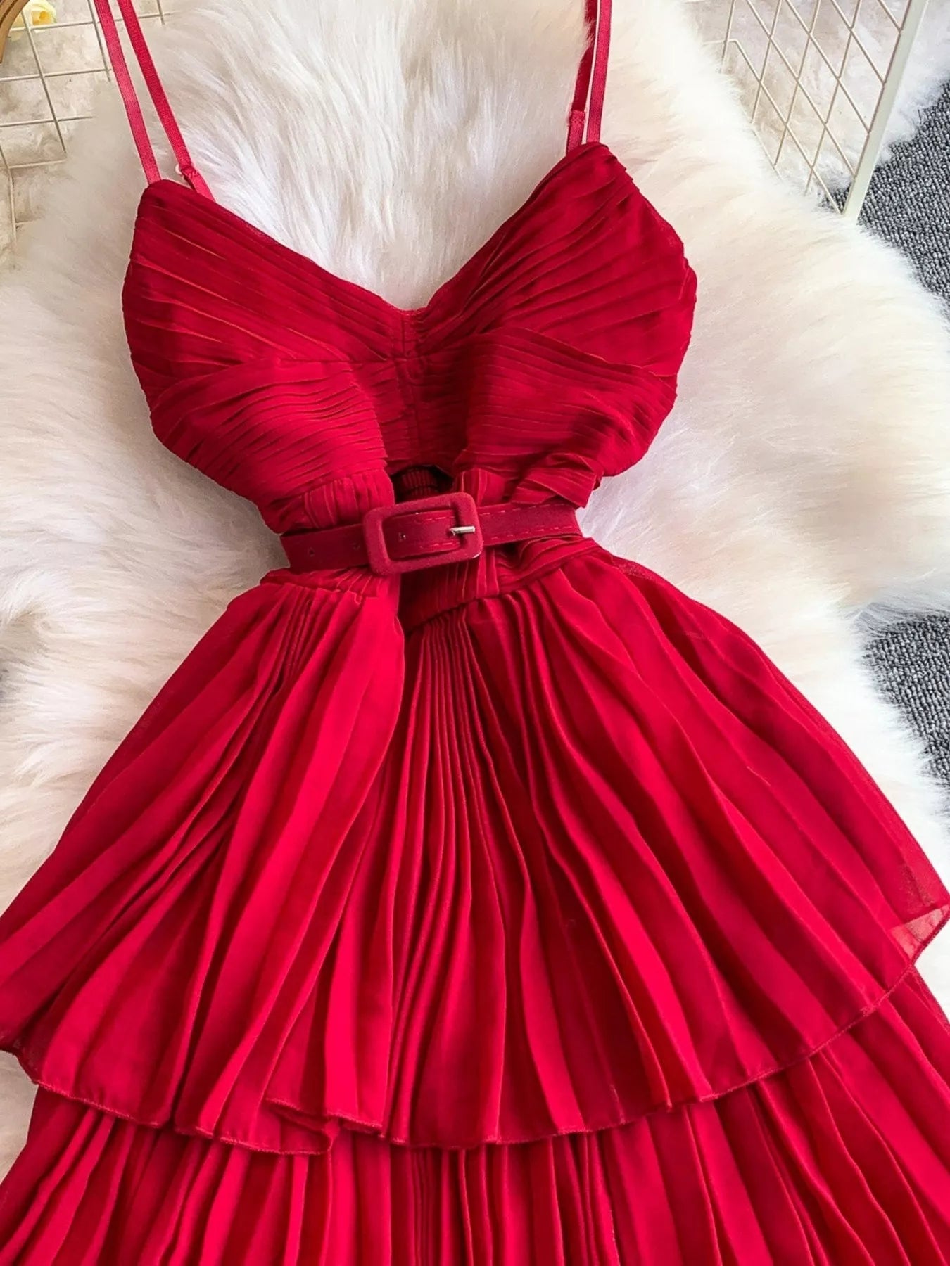 Pleated Layered Spaghetti Strap Midi Dress