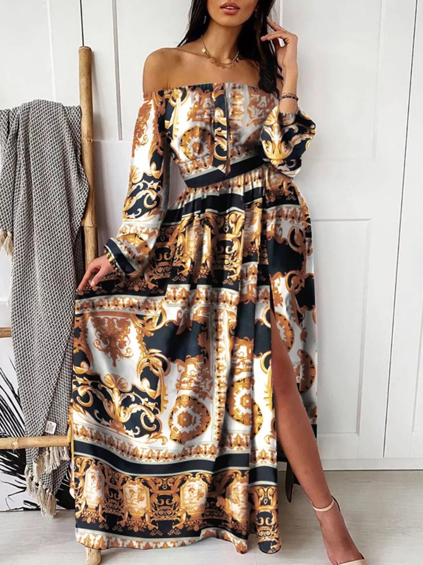 Slit Printed Off Shoulder Maxi Dress