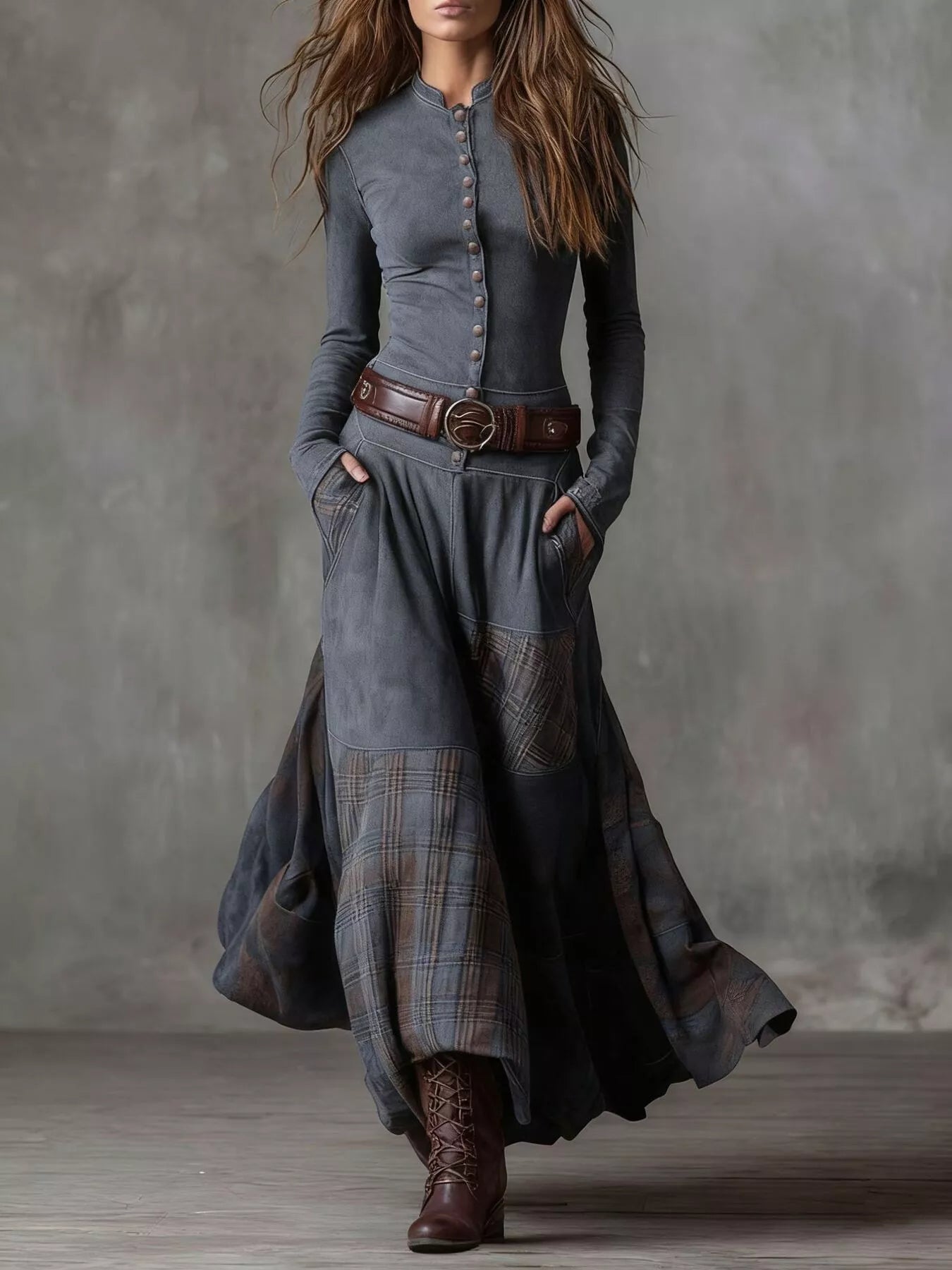 Full Size Plaid Button Front Long Sleeve Dress Plus Size