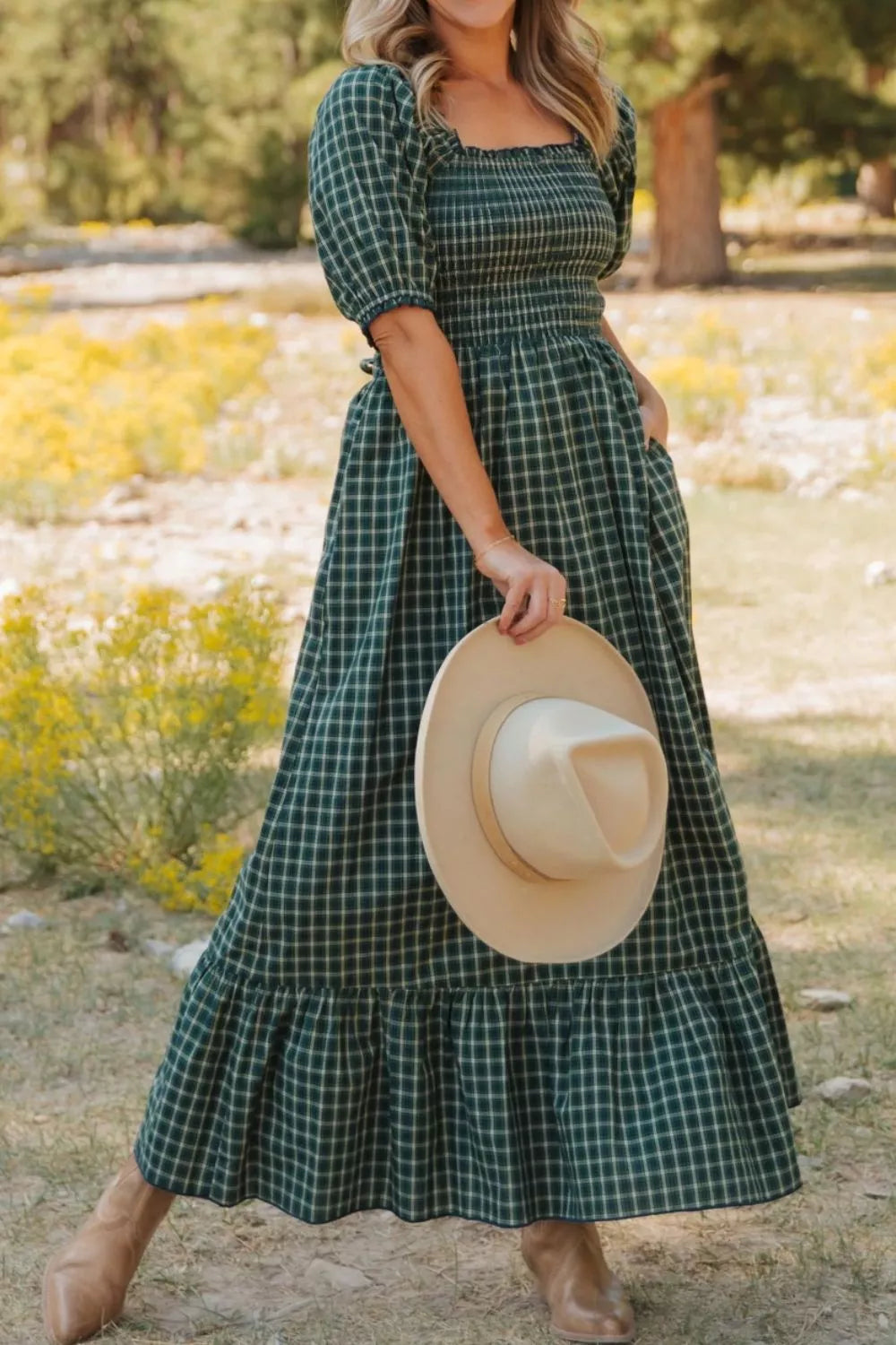 Plaid Square Neck Shirred High Waist Ruffle Hem Maxi Dress