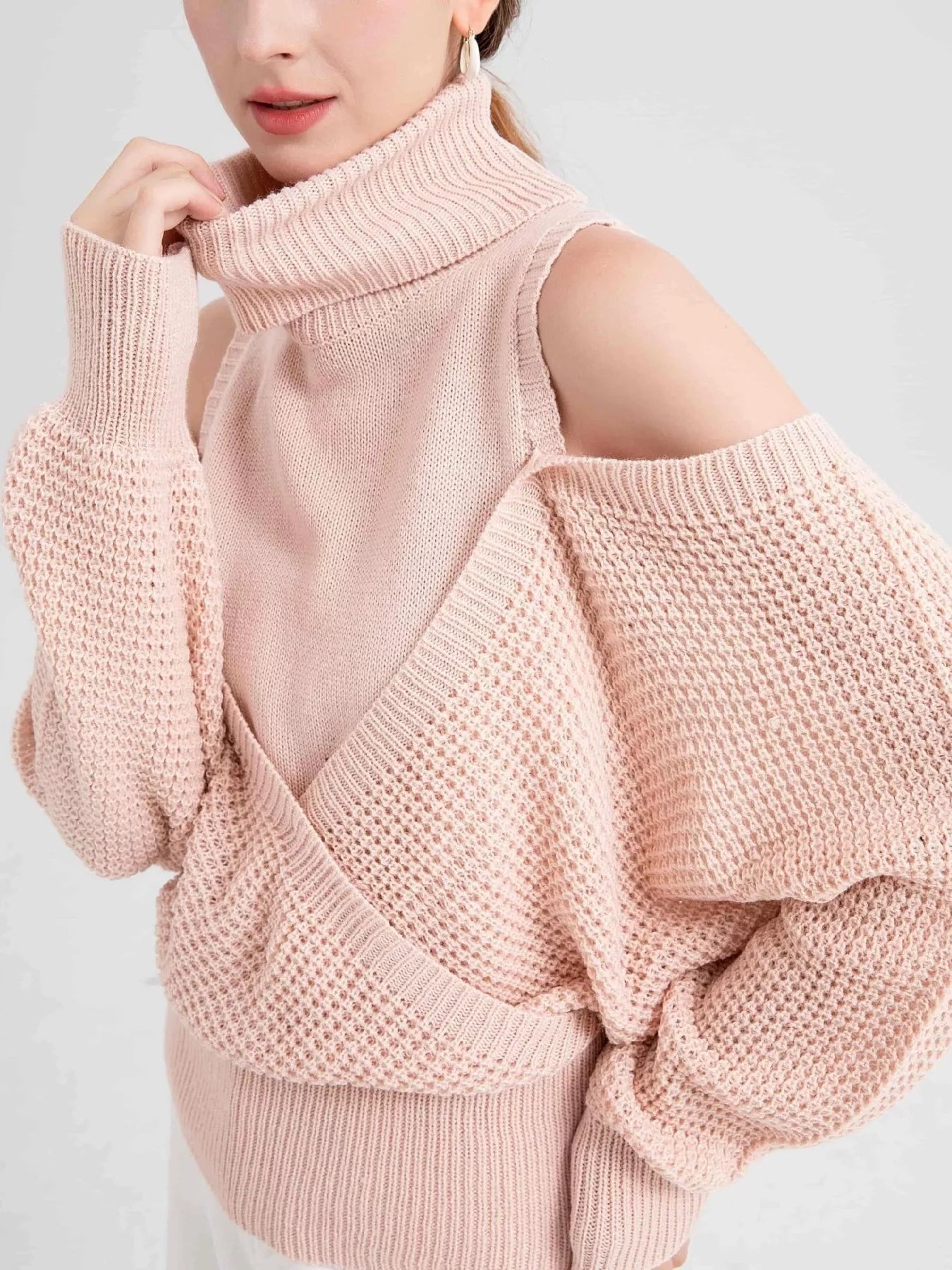 Waffle Knit Cold Shoulder Turtleneck Sweater