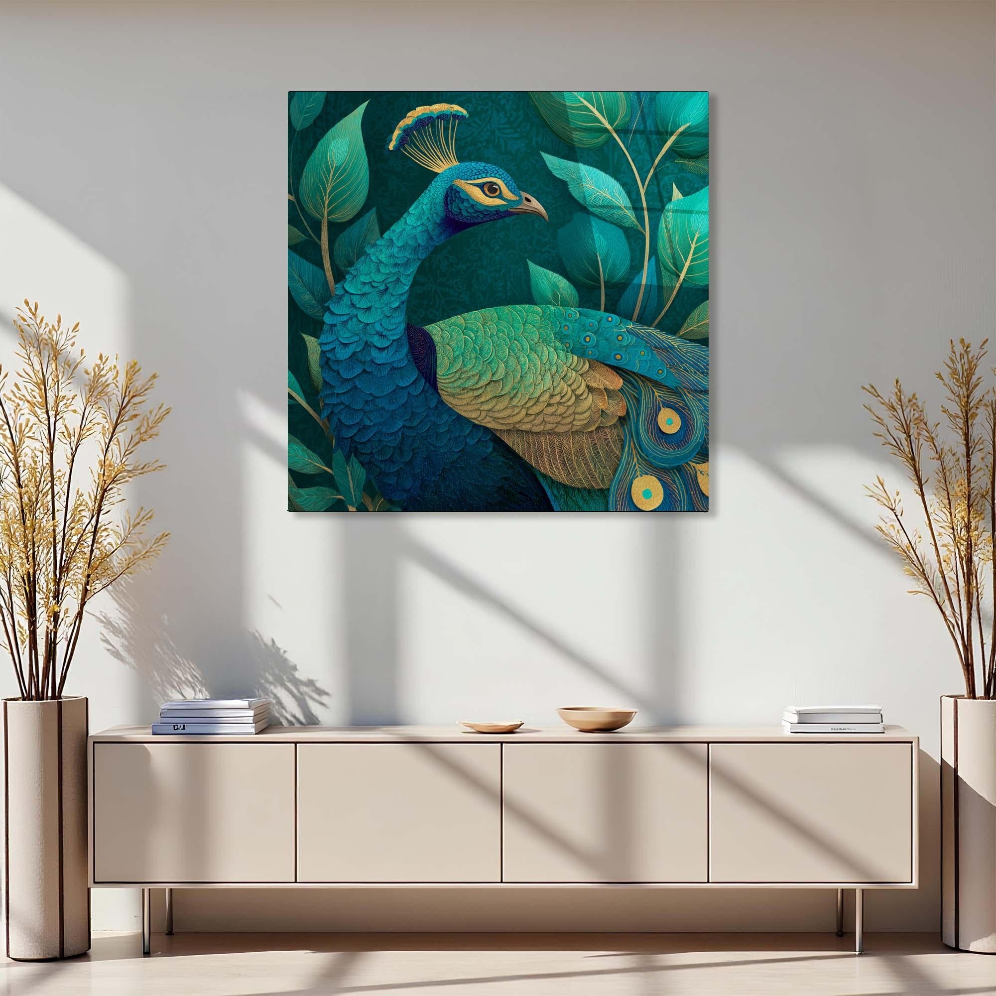 Teal & Gold Peacock Tempered Glass Wall Art | Elegant Home Decor