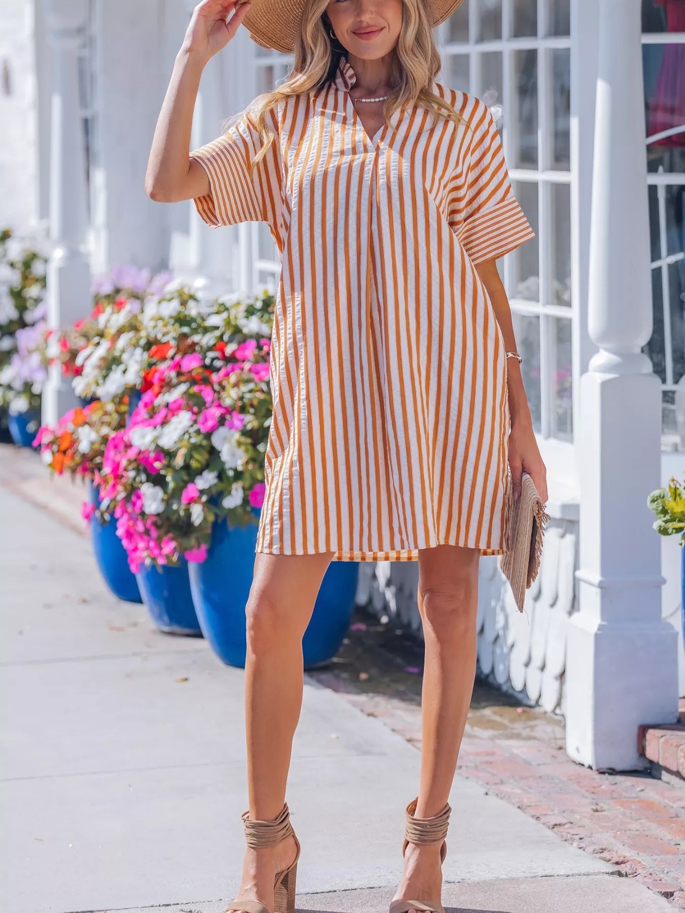 Stripe Pinched V Neck Turn-up Cuffs Shift Mini Dress