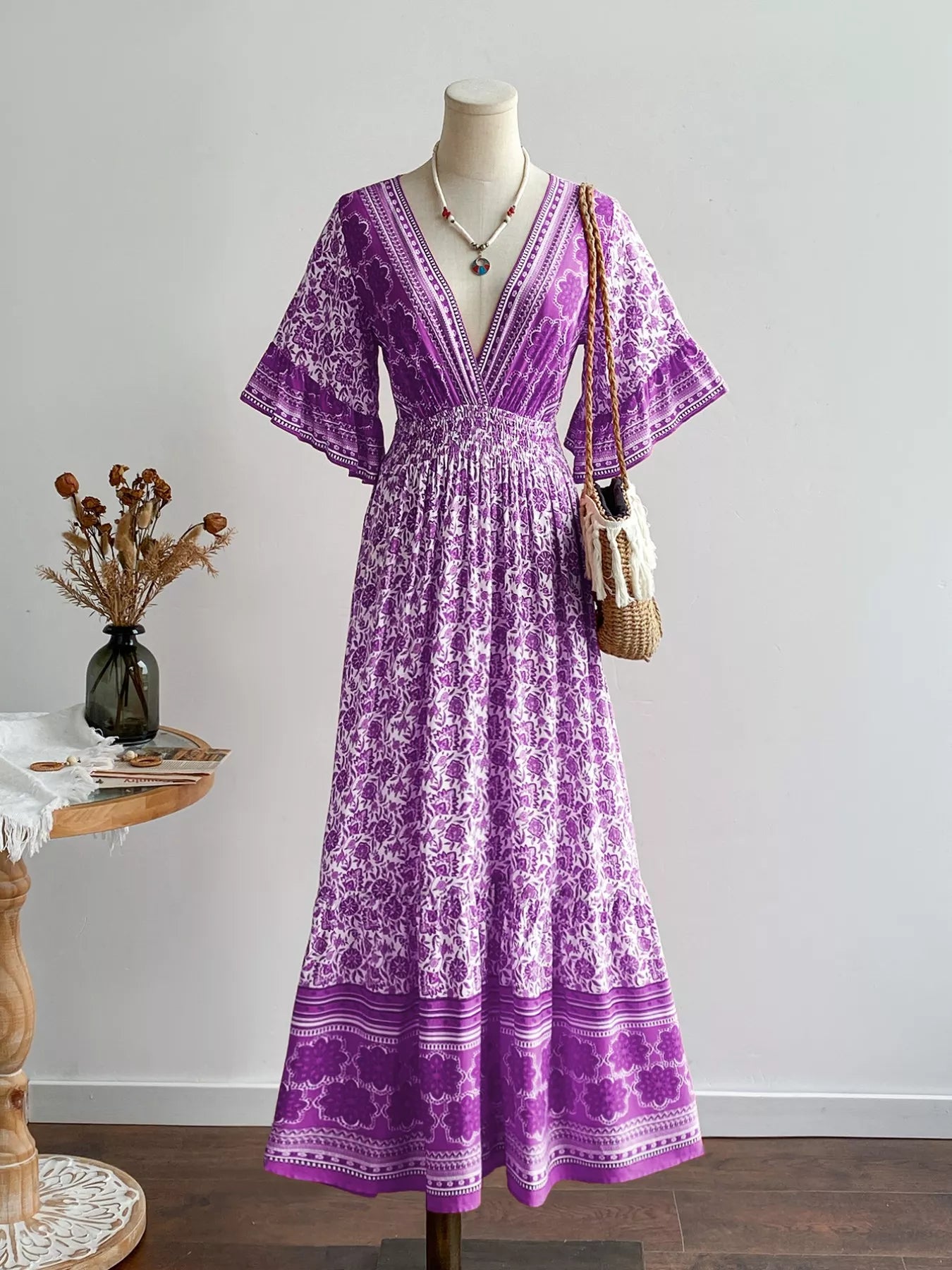 Floral Print Deep V-Neck Dress
