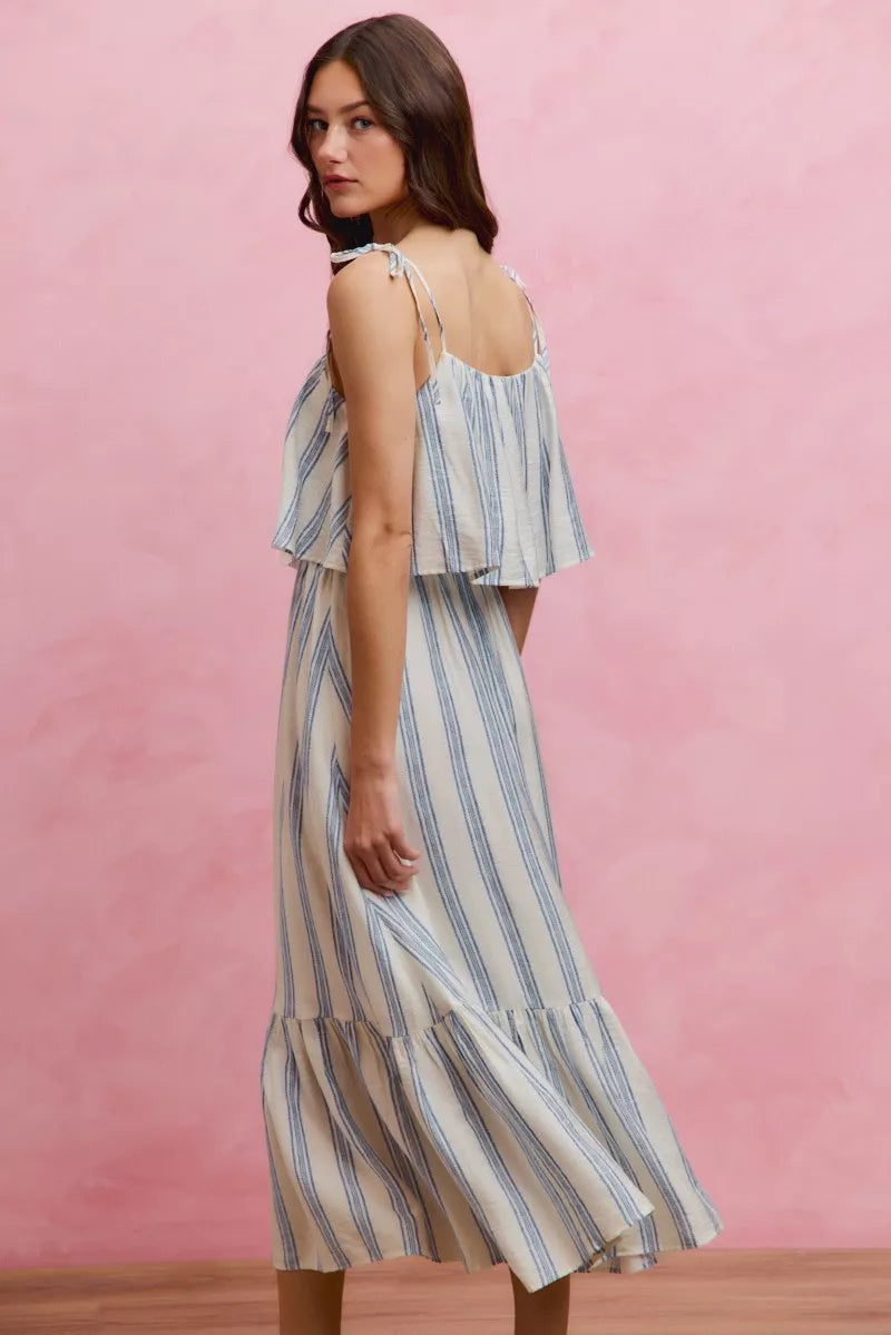 SO ME Stripe Tiered Shoulder Tie Midi Lined Dress