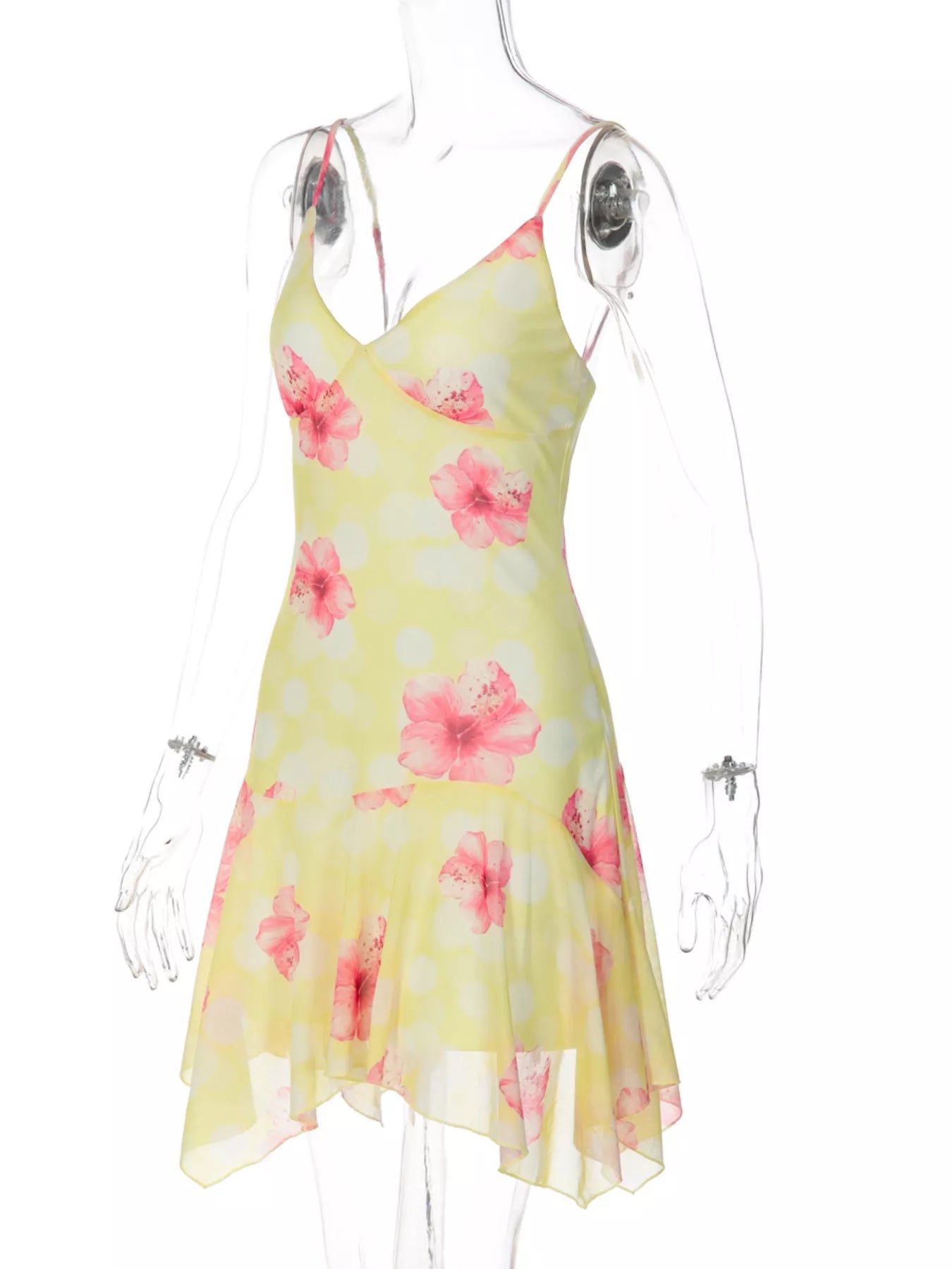 Sheer Floral Print Sleeveless Asymmetrical Mini Dress
