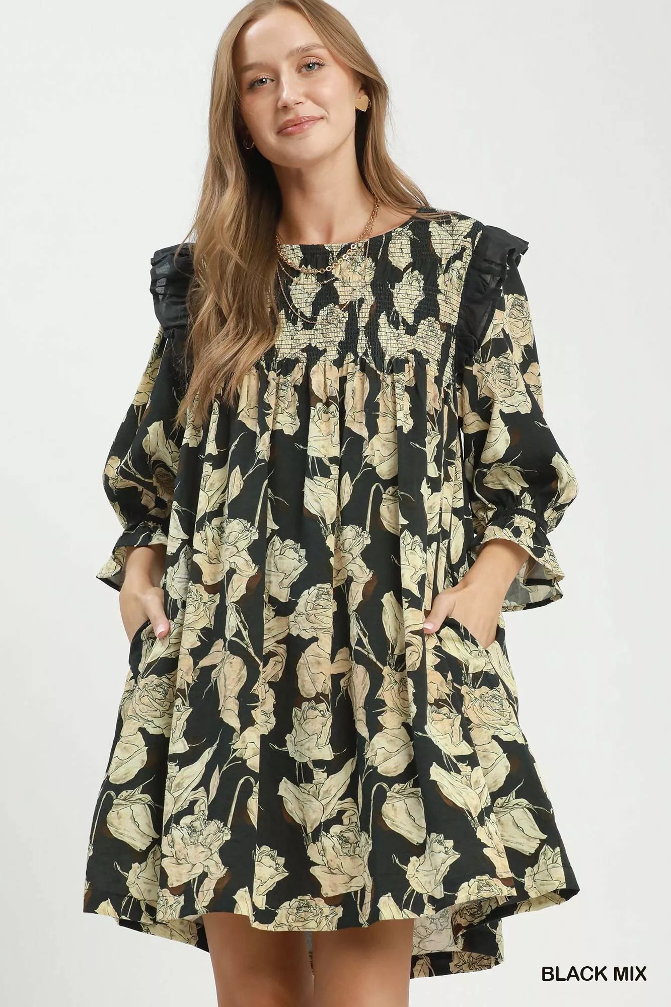 Umgee Mix Floral Print Smocked Ruffle Detail Flowy Dress