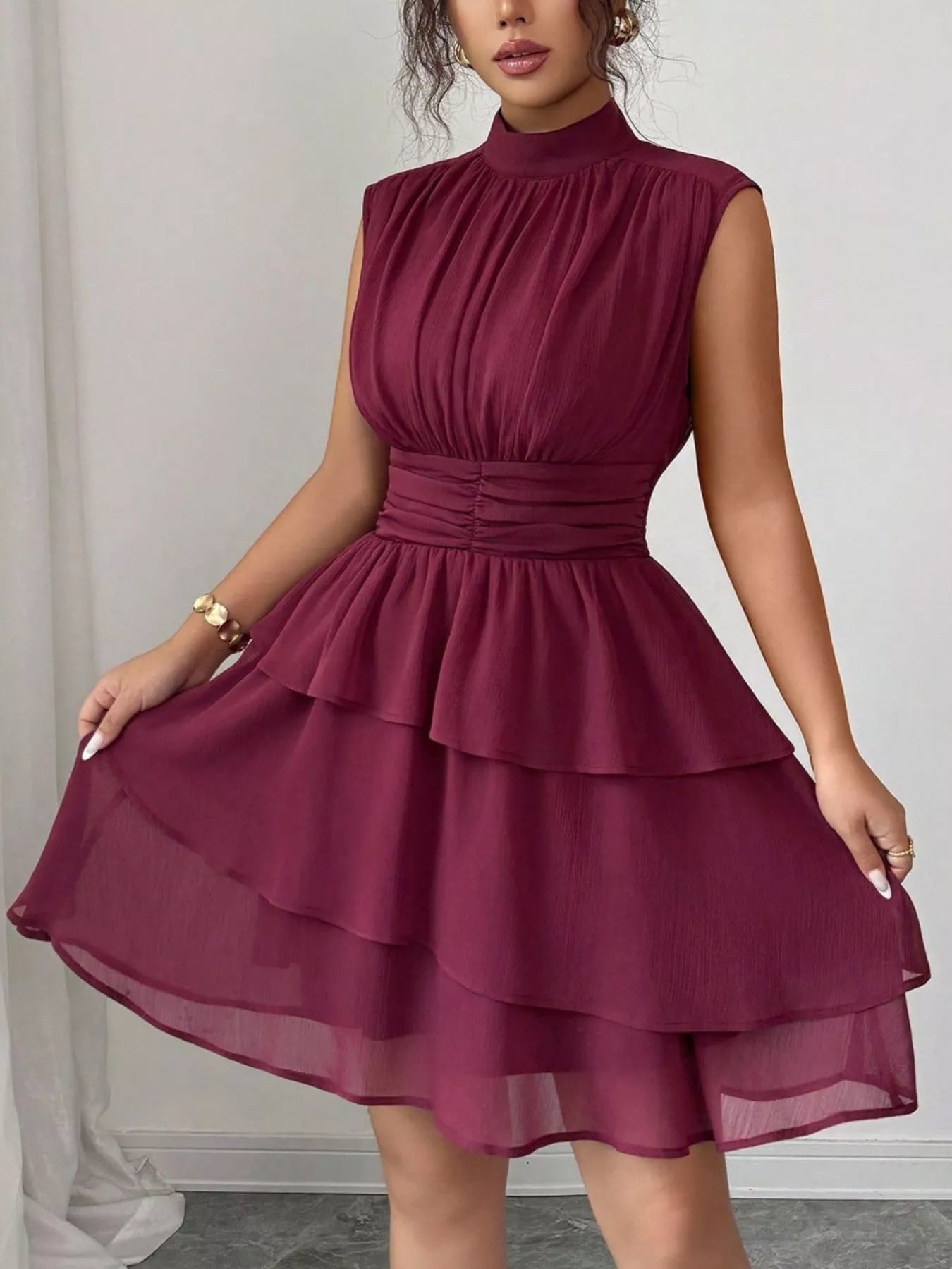 Sleeveless Mock Neck Layered Ruffle Dress