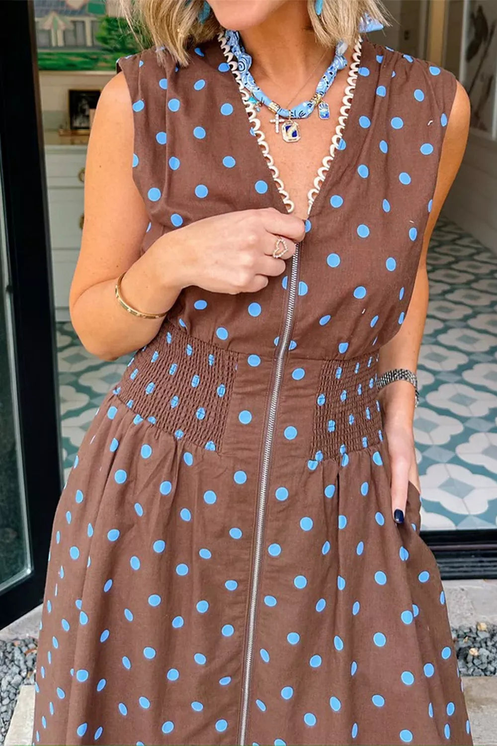 Polka Dot Zipper Front Midi Dress