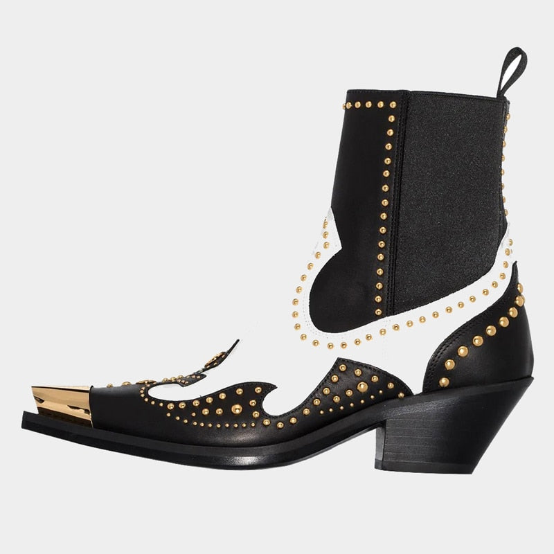 Spring Autumn Women Short Boots Genuine Leather Metal Pointed Toe Chunky Heels Fashion Rivet Boots