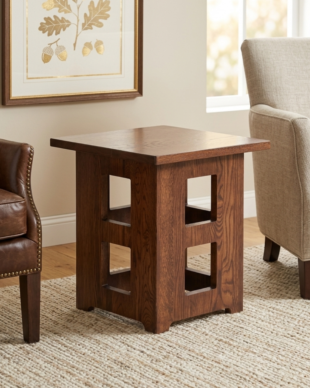 Mission Solid Oak Square End Table with Cut Outs - Walnut (W1)