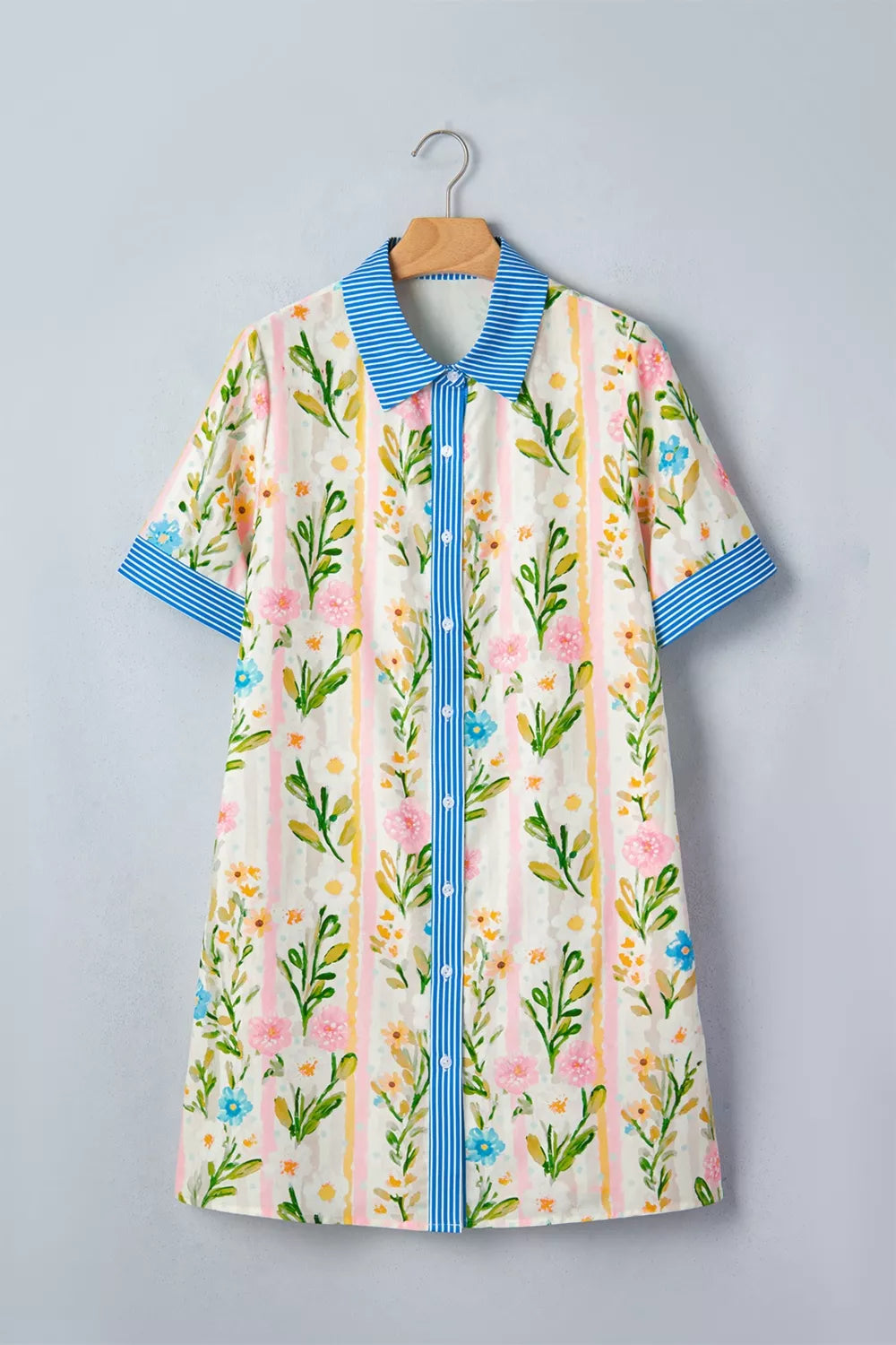 Multicolour Floral Print Striped Trim Button Down Shift Dress