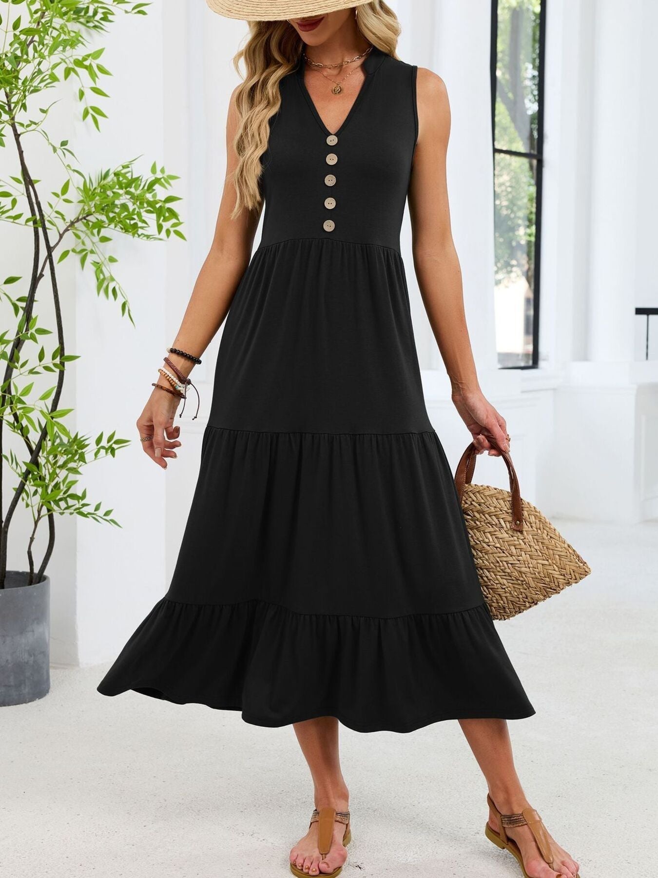 Sleeveless Notched Tiered Midi Dress