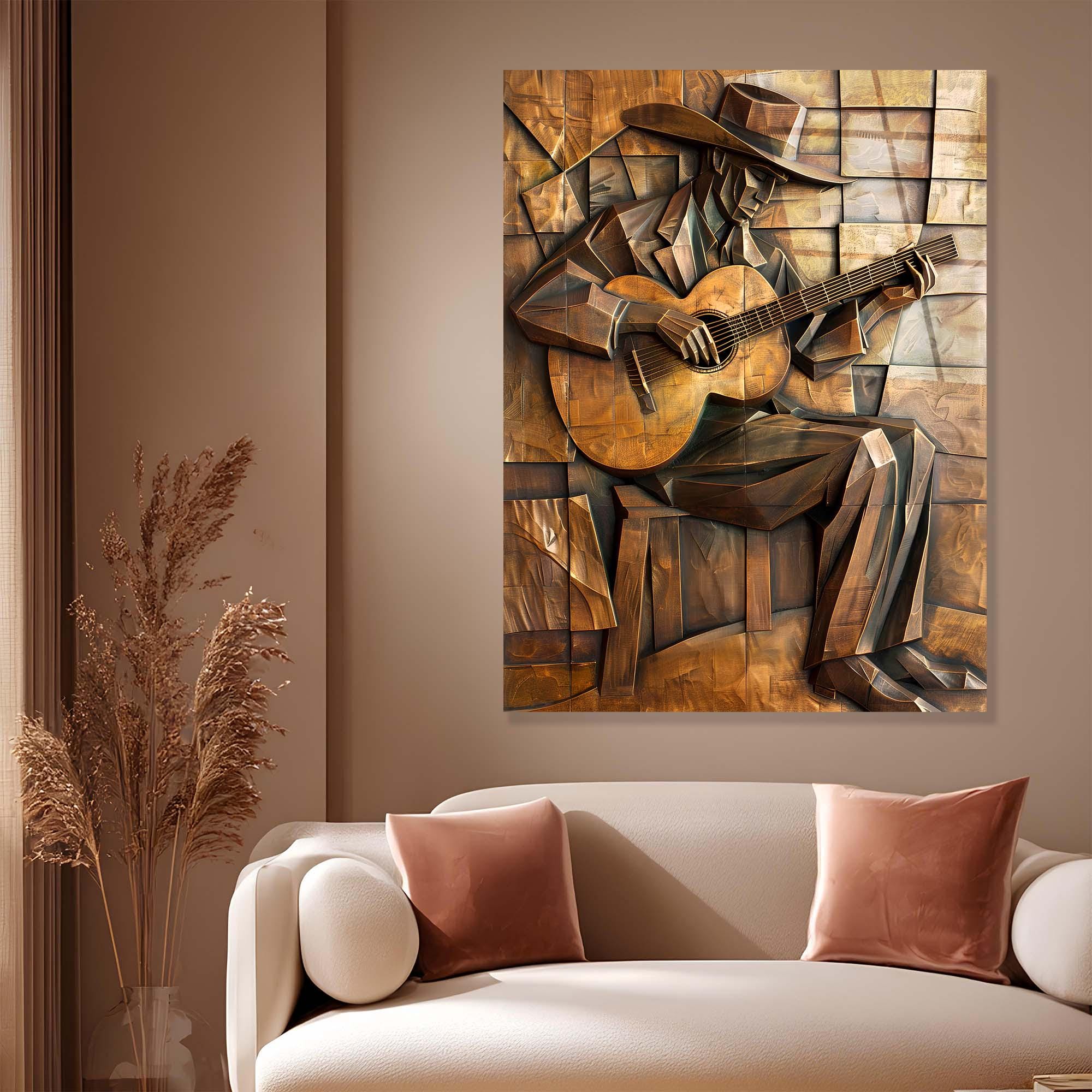 Cubist Guitarist Tempered Glass Wall Art | Modern Rustic Decor