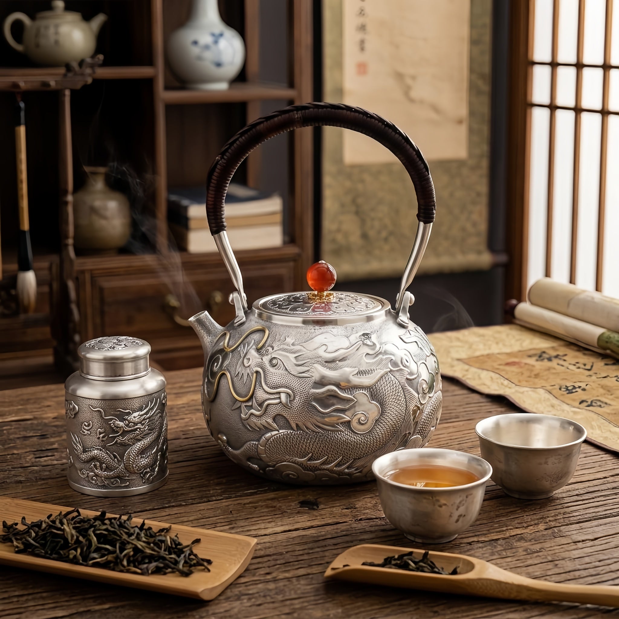 Pure 999 Fine Silver Exquisite Silver Teapot with Handcrafted Dragon Relief and Crimson Stone Finial - Handicraft
