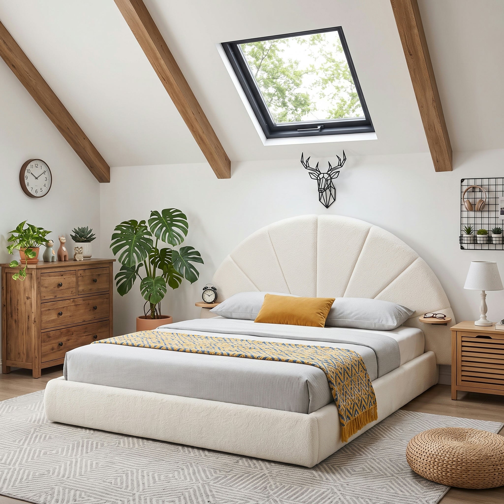 Unique Arched Boucle Bed with Small Table, Queen