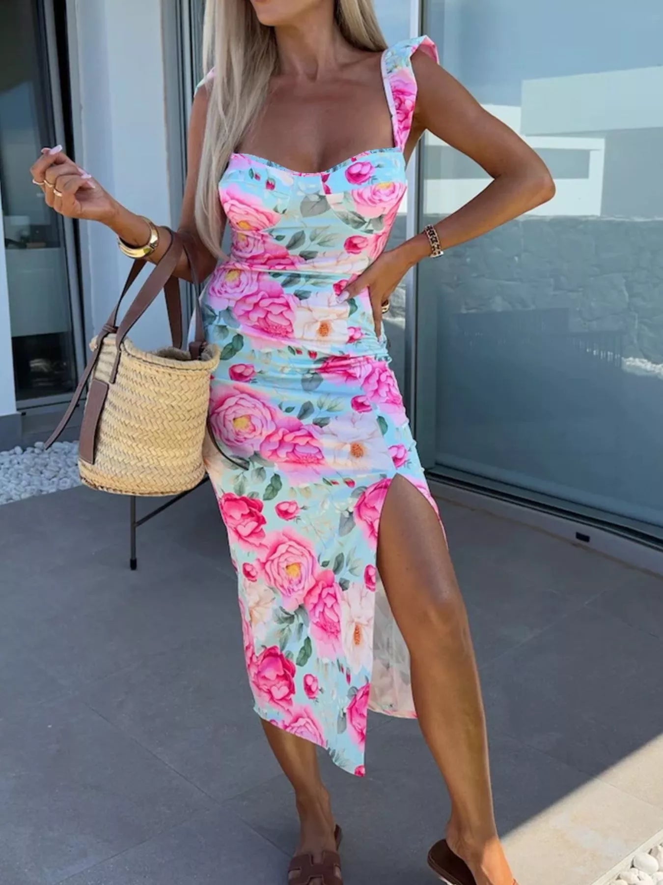 Slit Sweetheart Neck Midi Dress